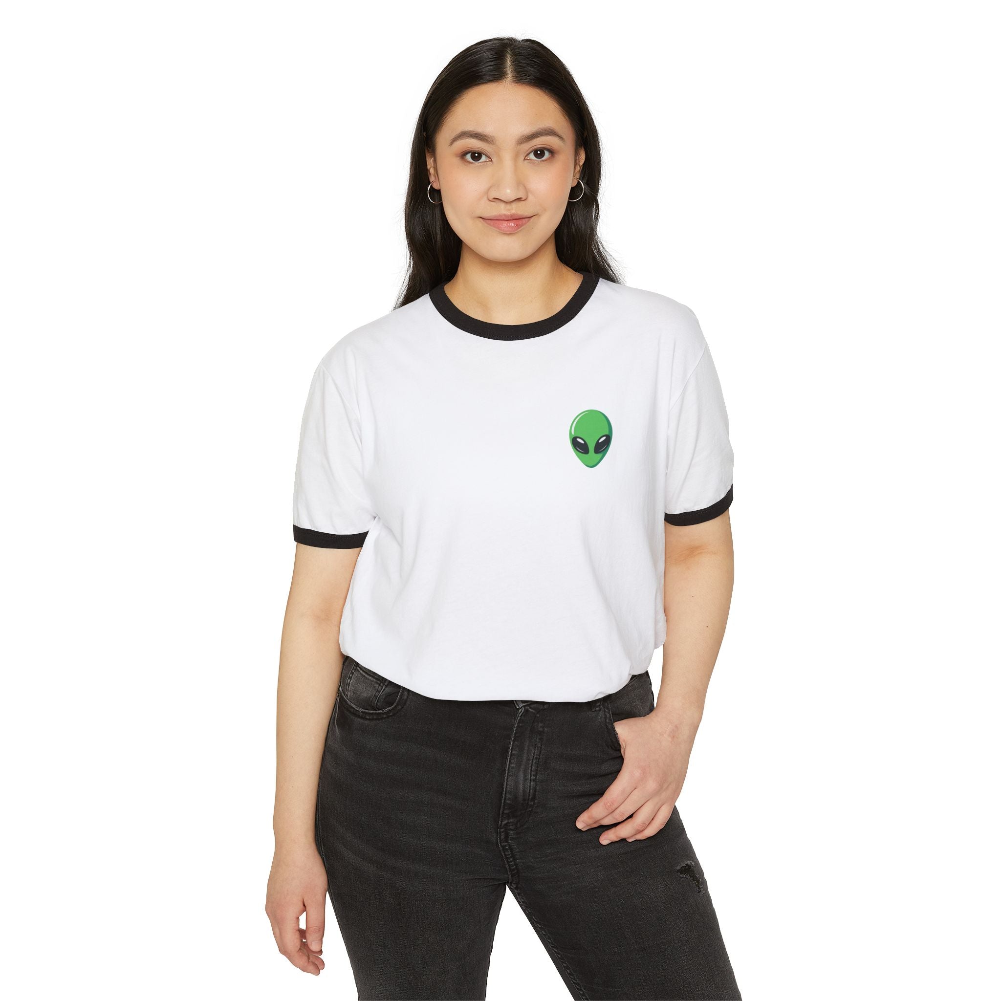 Alien Head Ringer Tee — Retro Green UFO Graphic T-Shirt