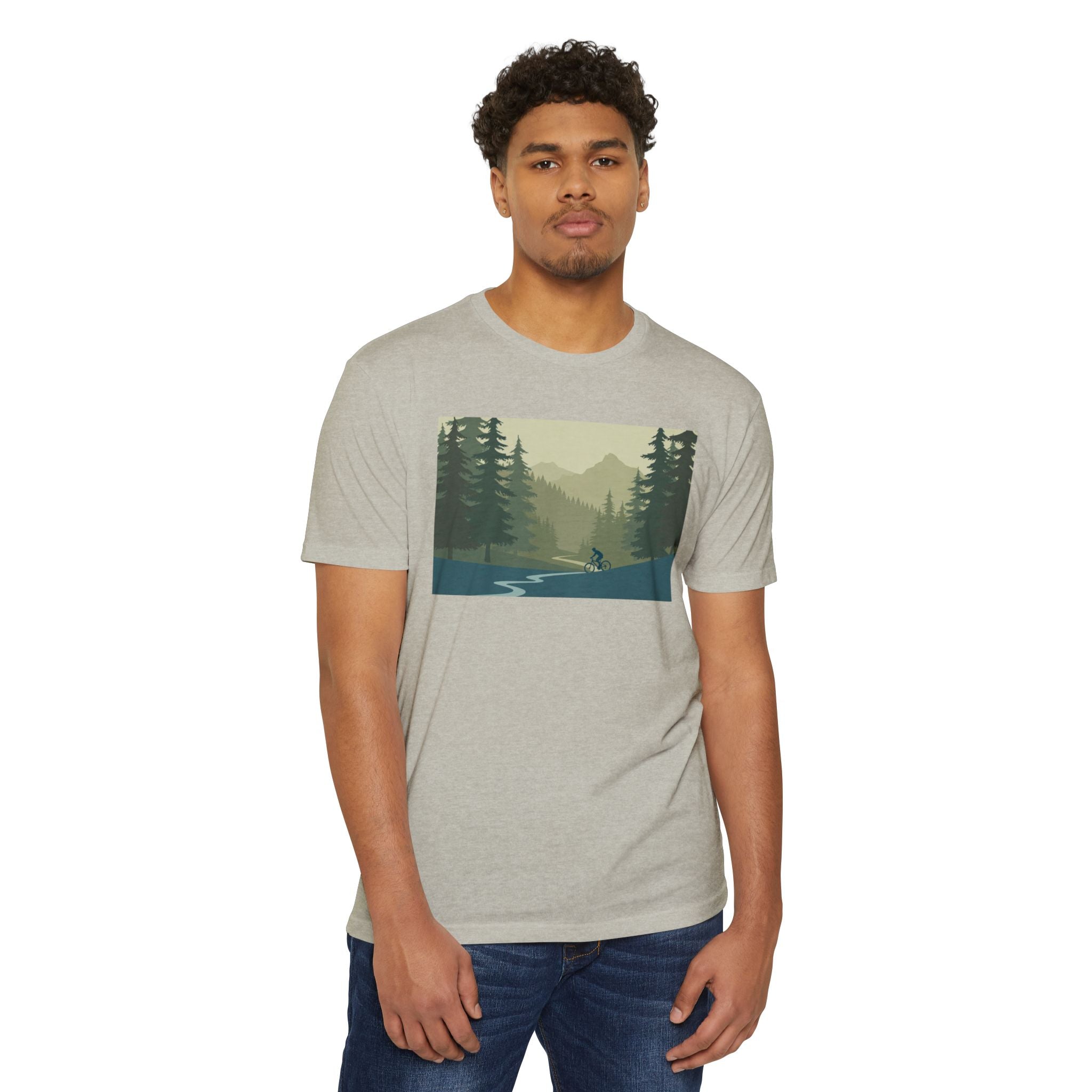 Mountain Biking Graphic T-Shirt — Scenic Forest Trail Design