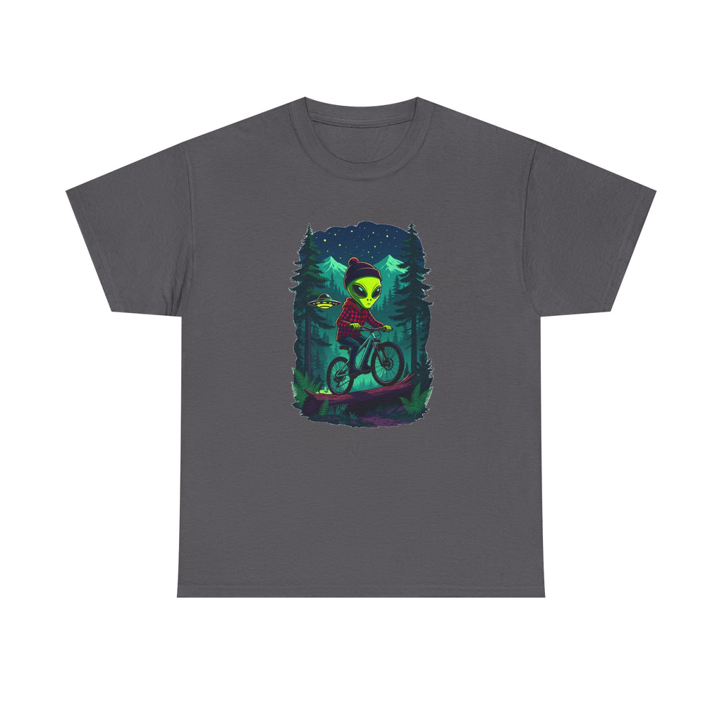 Alien Mountain Biking T-Shirt — Neon Forest Cyclist Graphic Tee