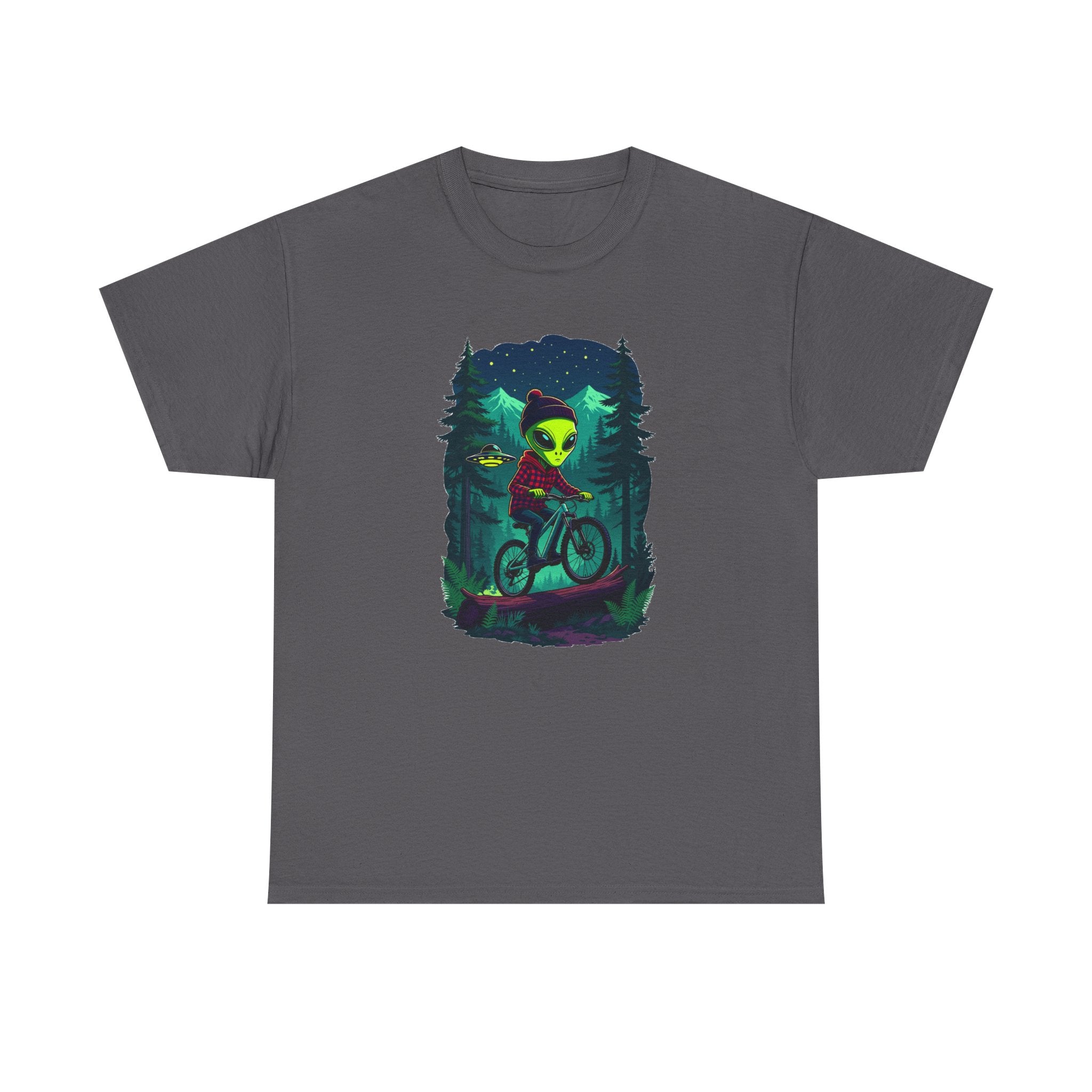 Alien Mountain Biking T-Shirt — Neon Forest Cyclist Graphic Tee