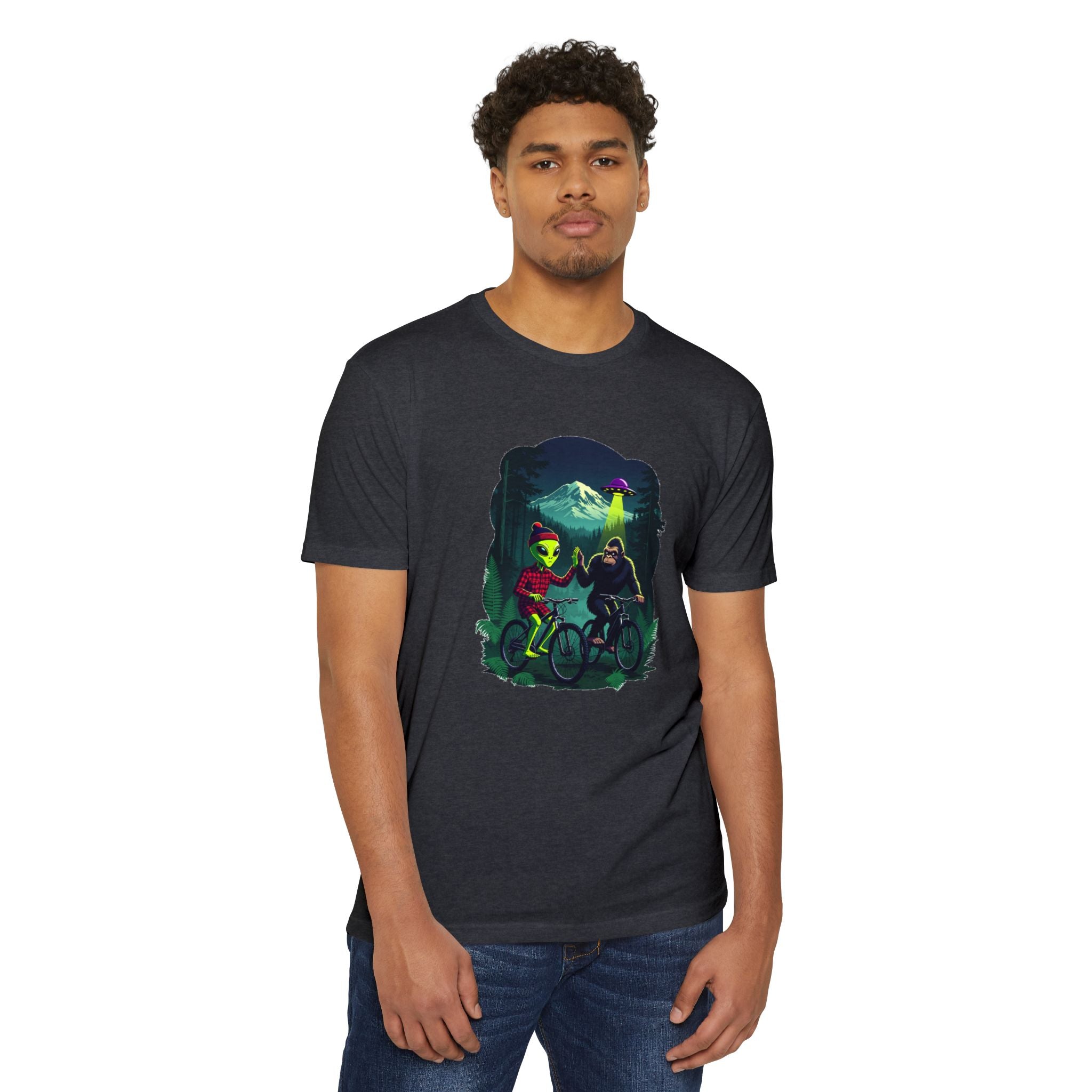 Alien & Sasquatch Night Ride T-Shirt — Retro UFO Biking Graphic Tee