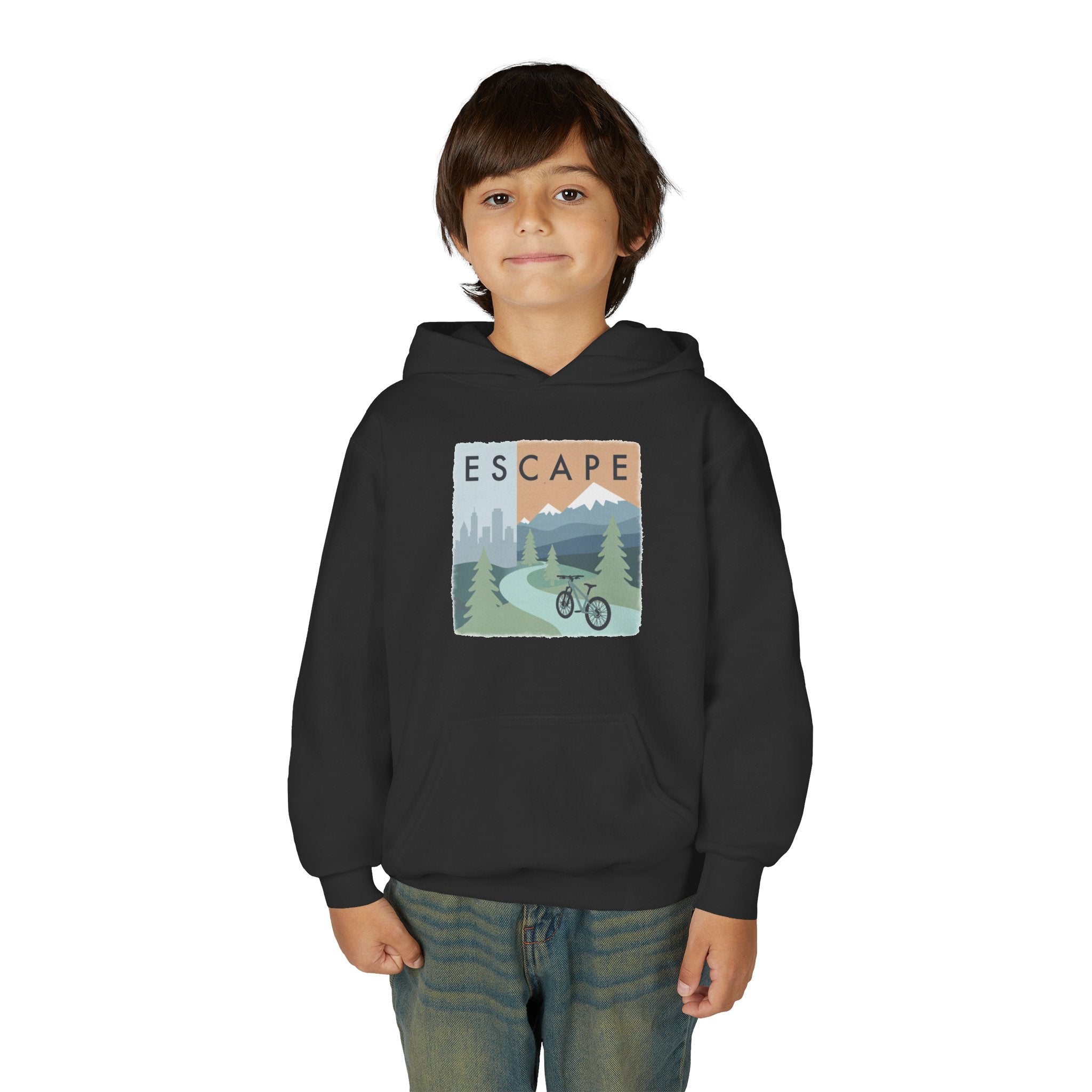 Escape to the Mountains Kids Hoodie — Mountain Retreat Graphic Sweatshirt