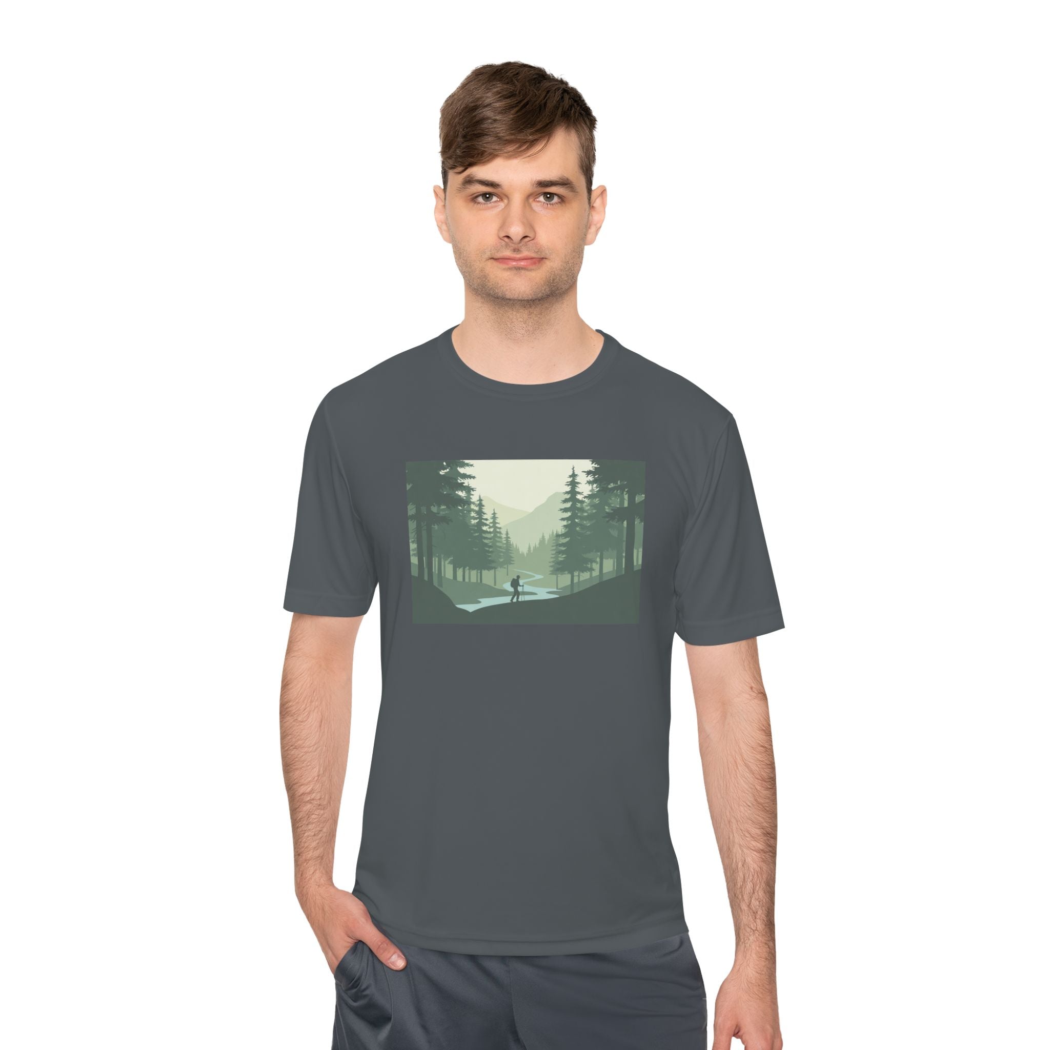 Forest Lake Camping Tee — Minimal Mountain Landscape T-Shirt for Outdoor Lovers
