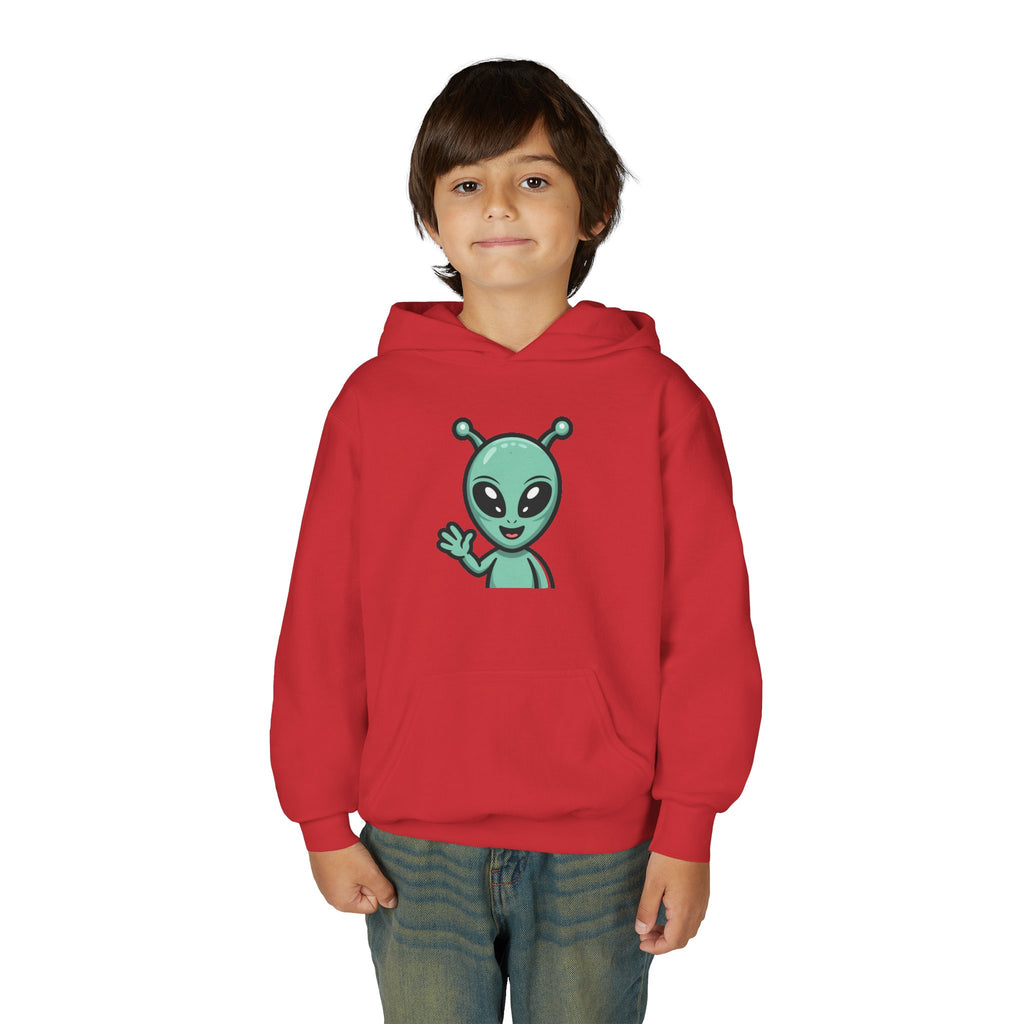 Youth Alien Hoodie – Cute Waving Green Alien Kids Sweatshirt