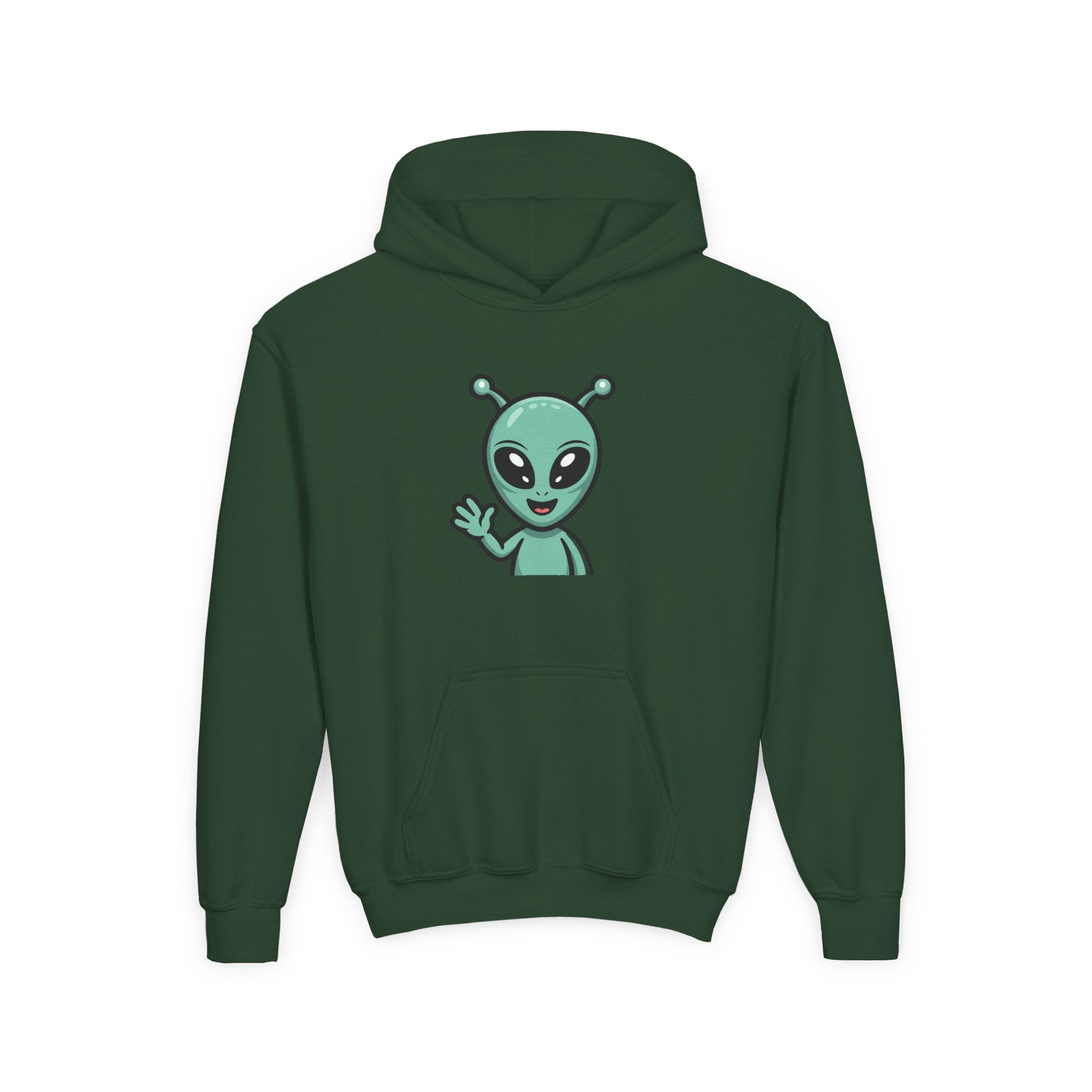 Youth Alien Hoodie – Cute Waving Green Alien Kids Sweatshirt