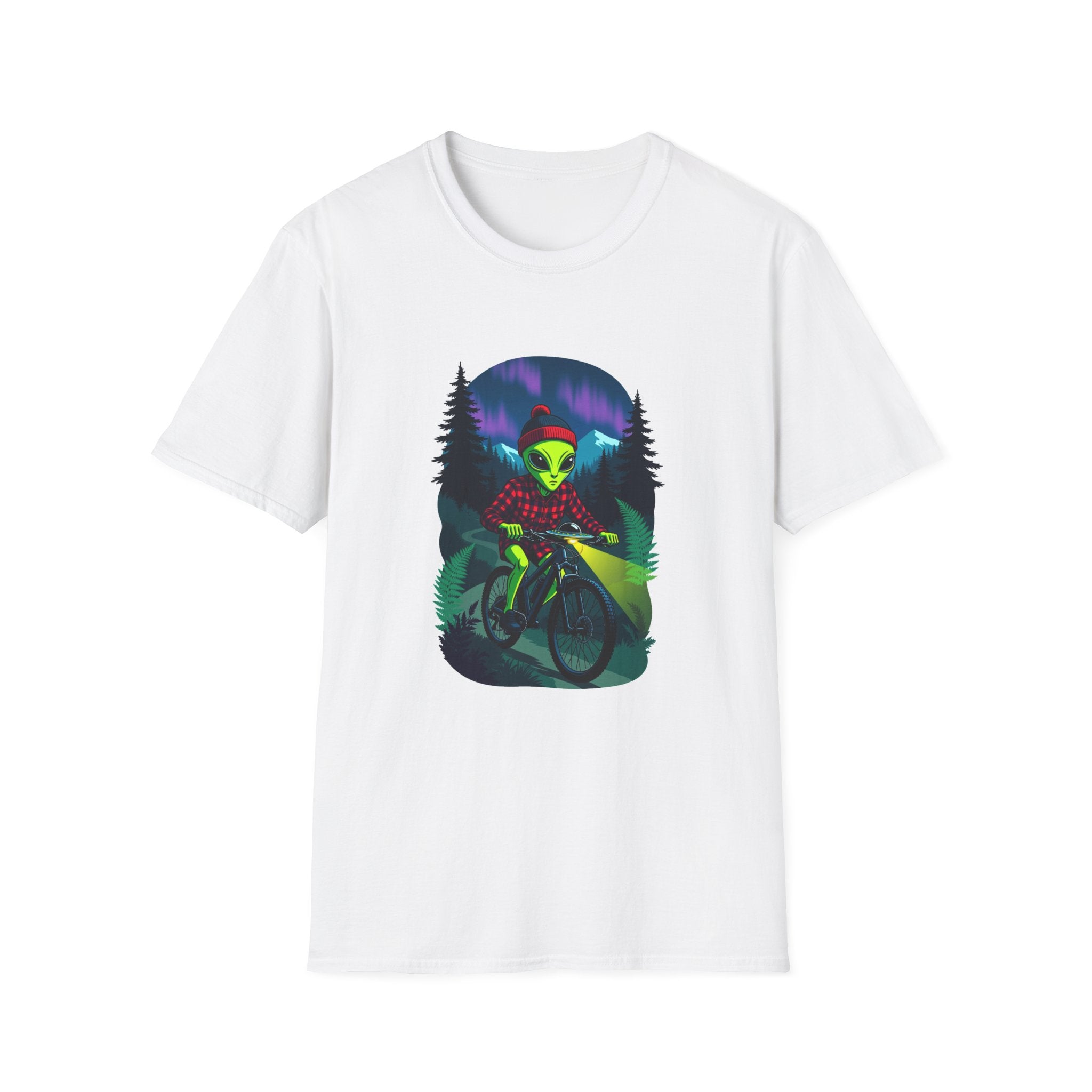 Alien Mountain Biker T-Shirt — Neon Night Forest Cycling Graphic Tee