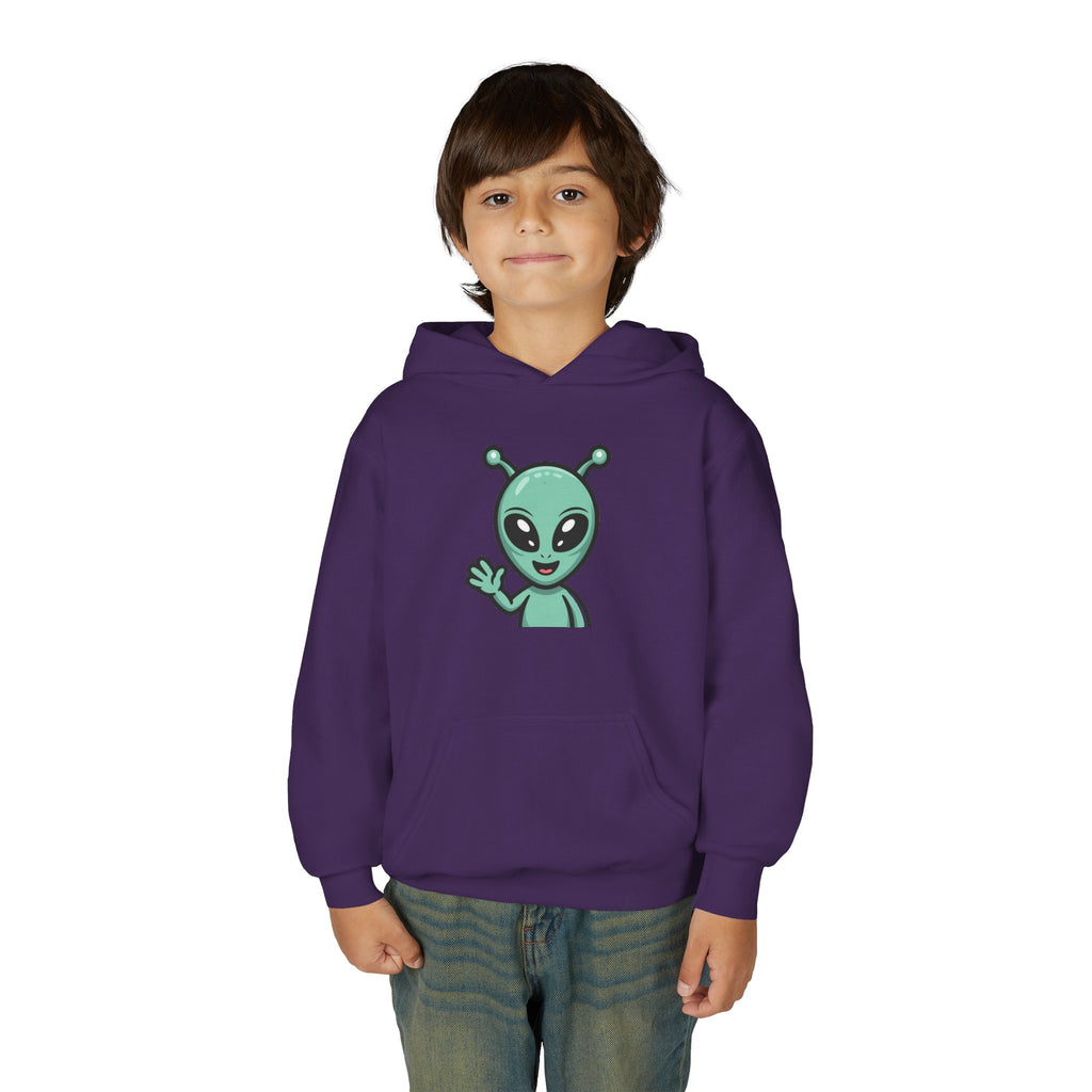 Youth Alien Hoodie – Cute Waving Green Alien Kids Sweatshirt
