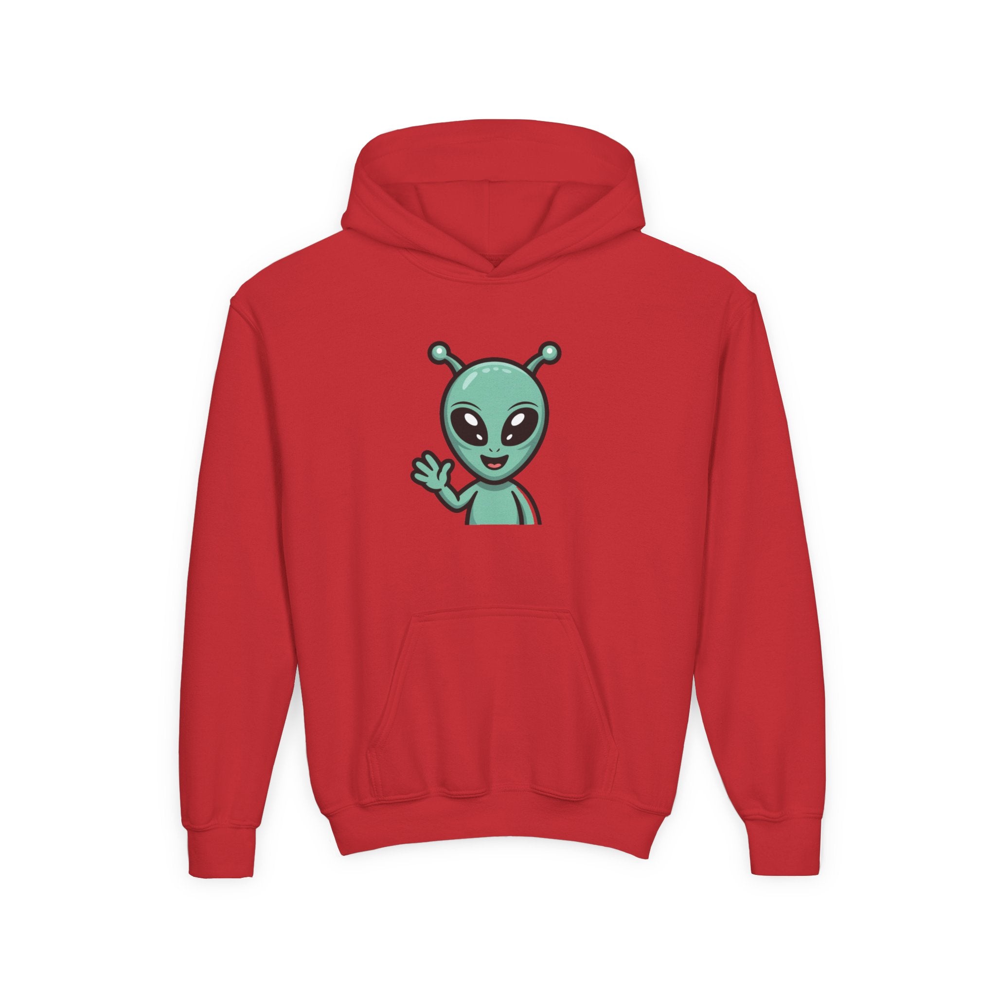Youth Alien Hoodie – Cute Waving Green Alien Kids Sweatshirt