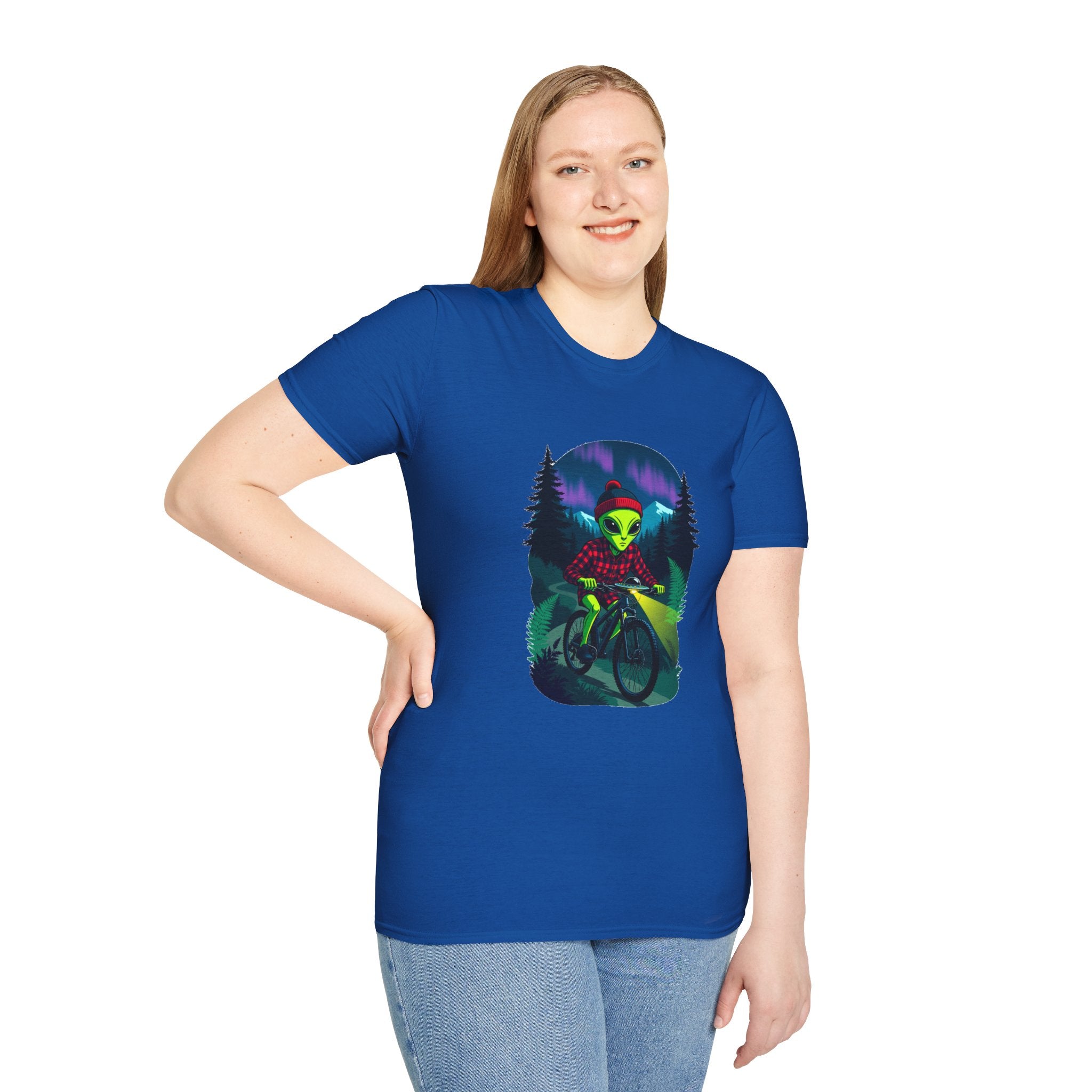 Alien Mountain Biker T-Shirt — Neon Night Forest Cycling Graphic Tee