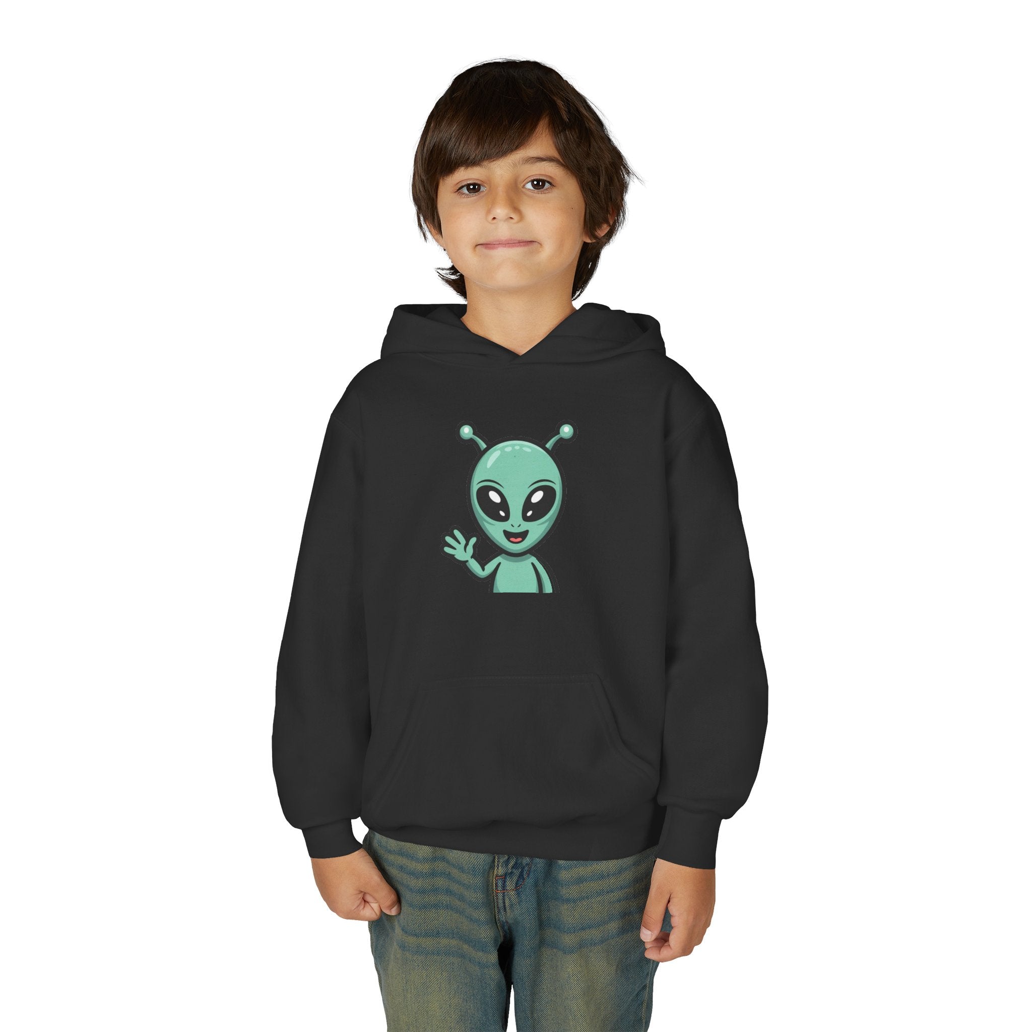 Youth Alien Hoodie – Cute Waving Green Alien Kids Sweatshirt