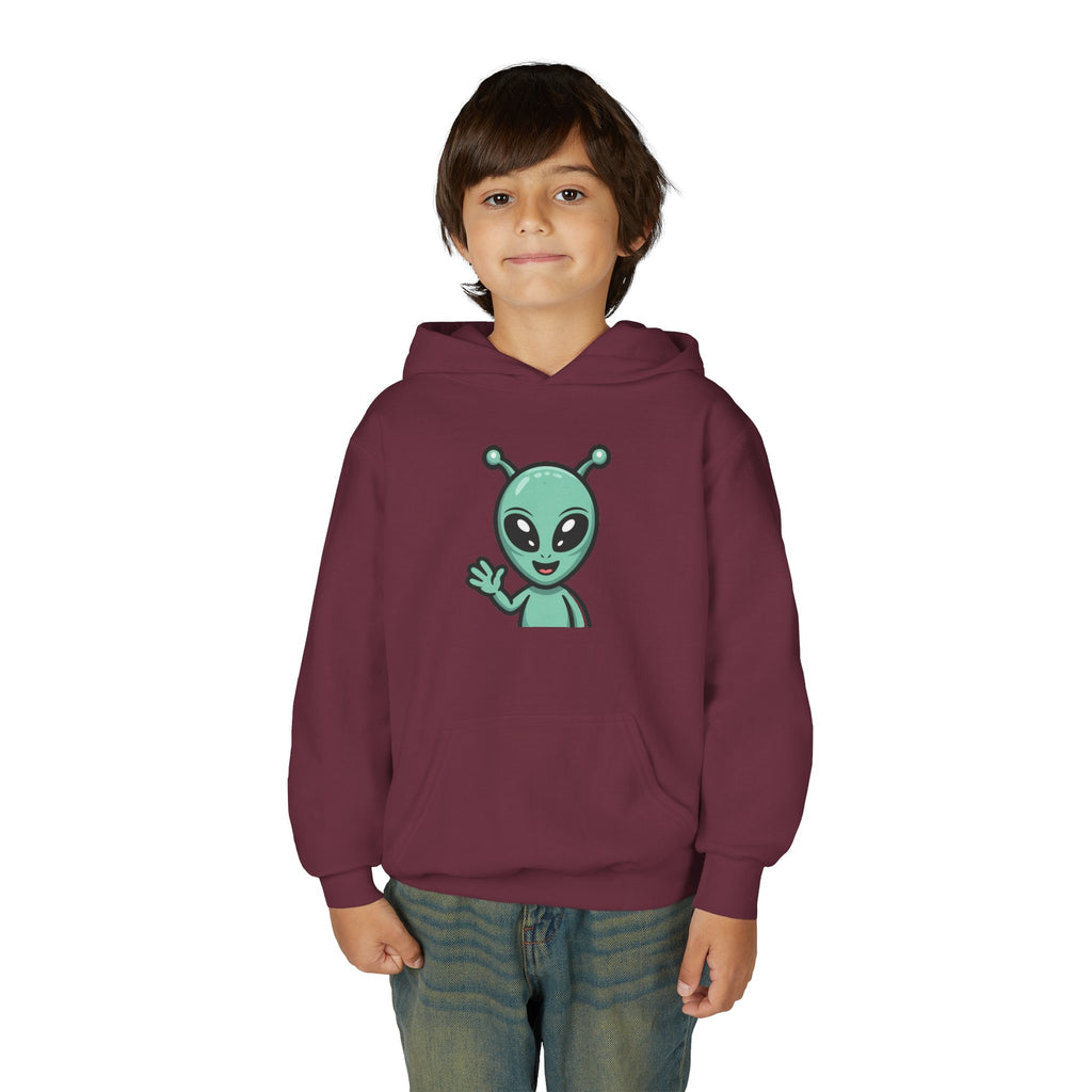 Youth Alien Hoodie – Cute Waving Green Alien Kids Sweatshirt