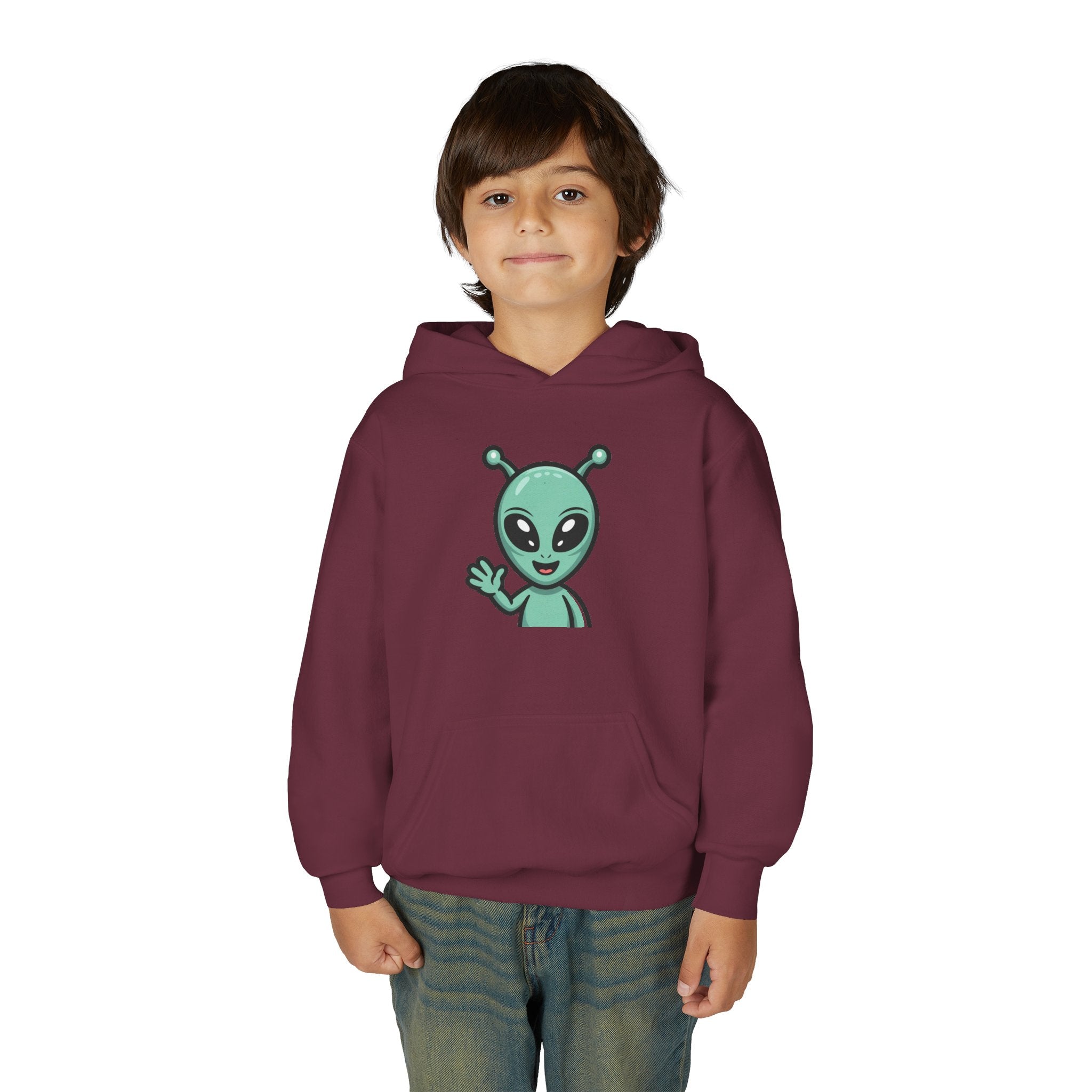 Youth Alien Hoodie – Cute Waving Green Alien Kids Sweatshirt