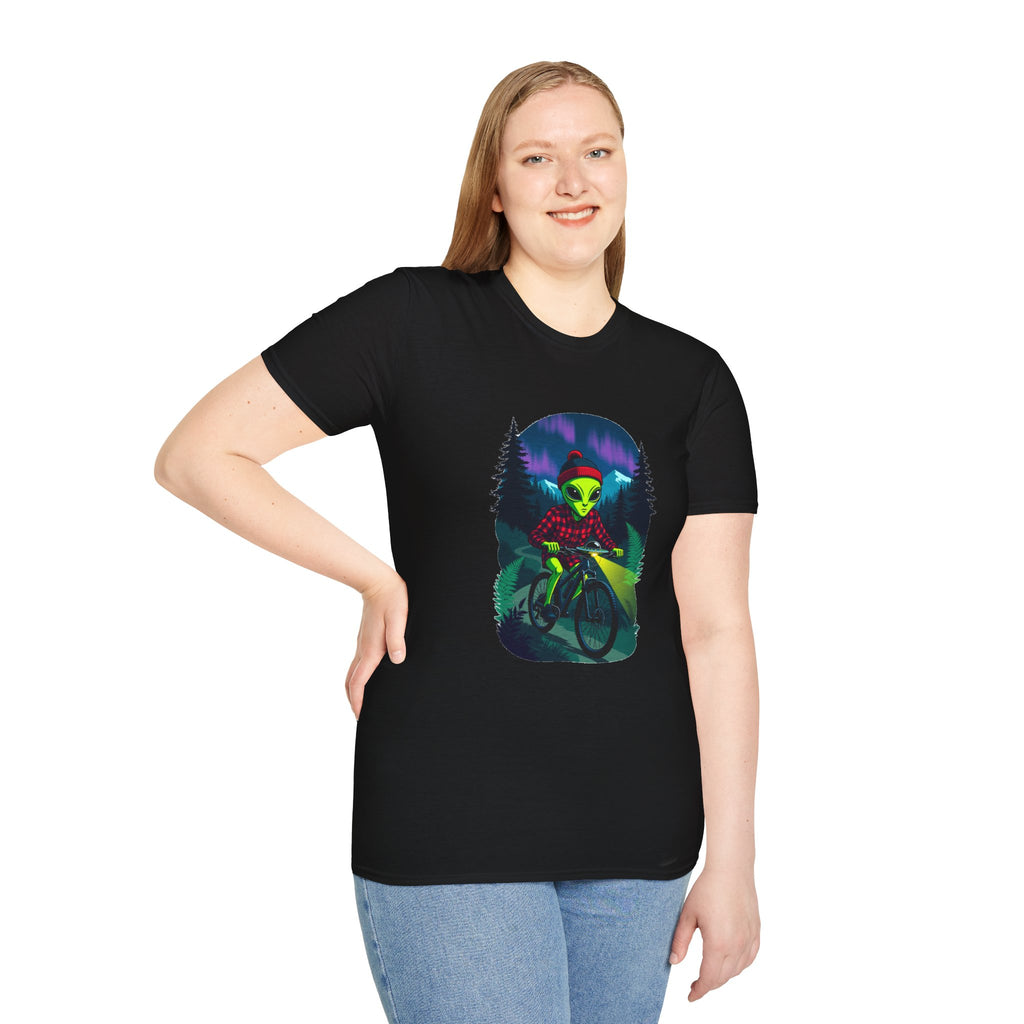 Alien Mountain Biker T-Shirt — Neon Night Forest Cycling Graphic Tee