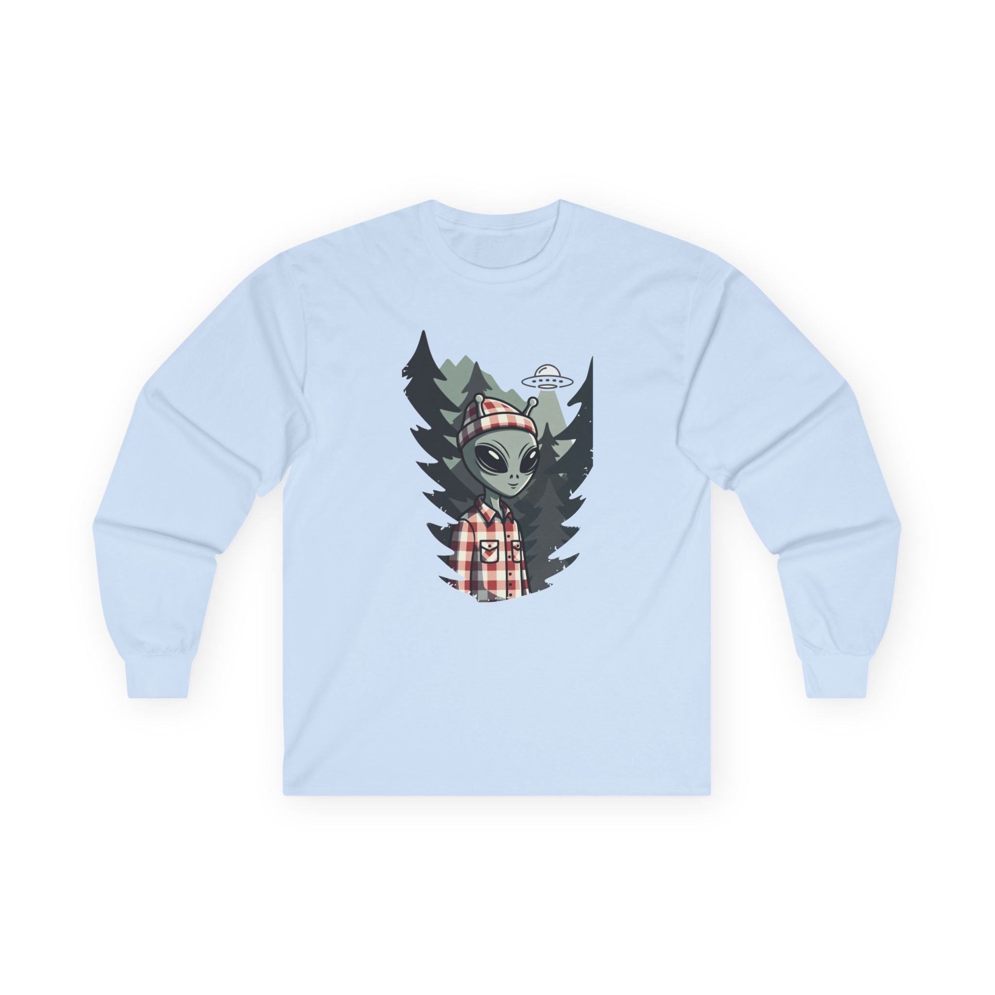 Alien Lumberjack Long Sleeve Tee — Forest UFO Graphic