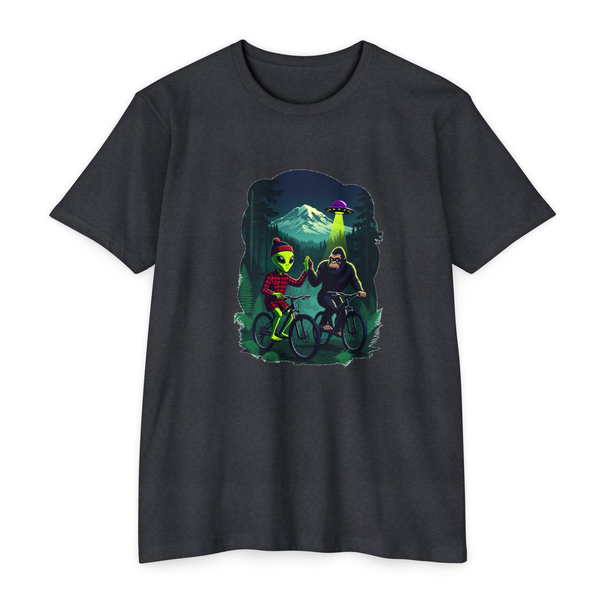 Alien & Sasquatch Night Ride T-Shirt — Retro UFO Biking Graphic Tee