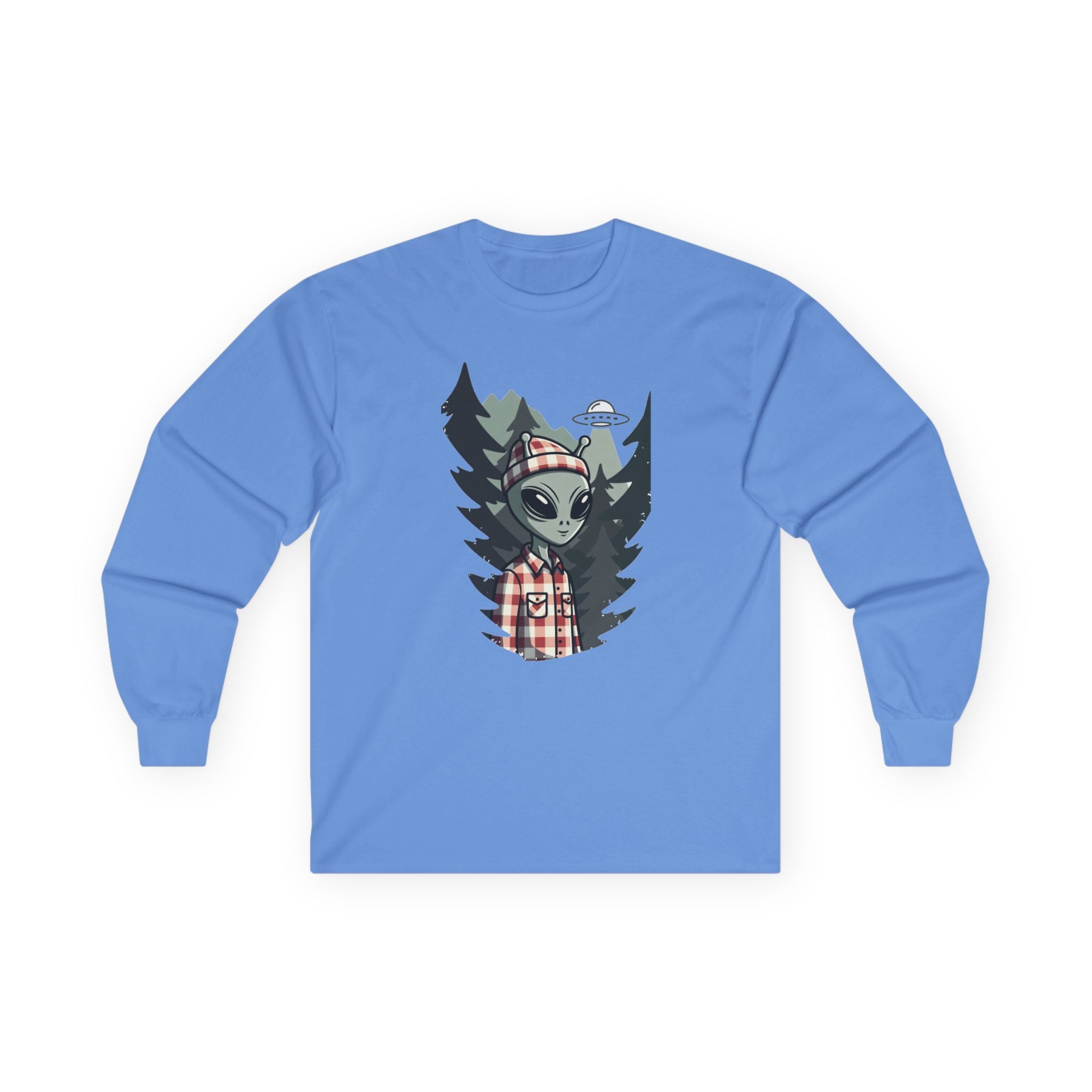 Alien Lumberjack Long Sleeve Tee — Forest UFO Graphic