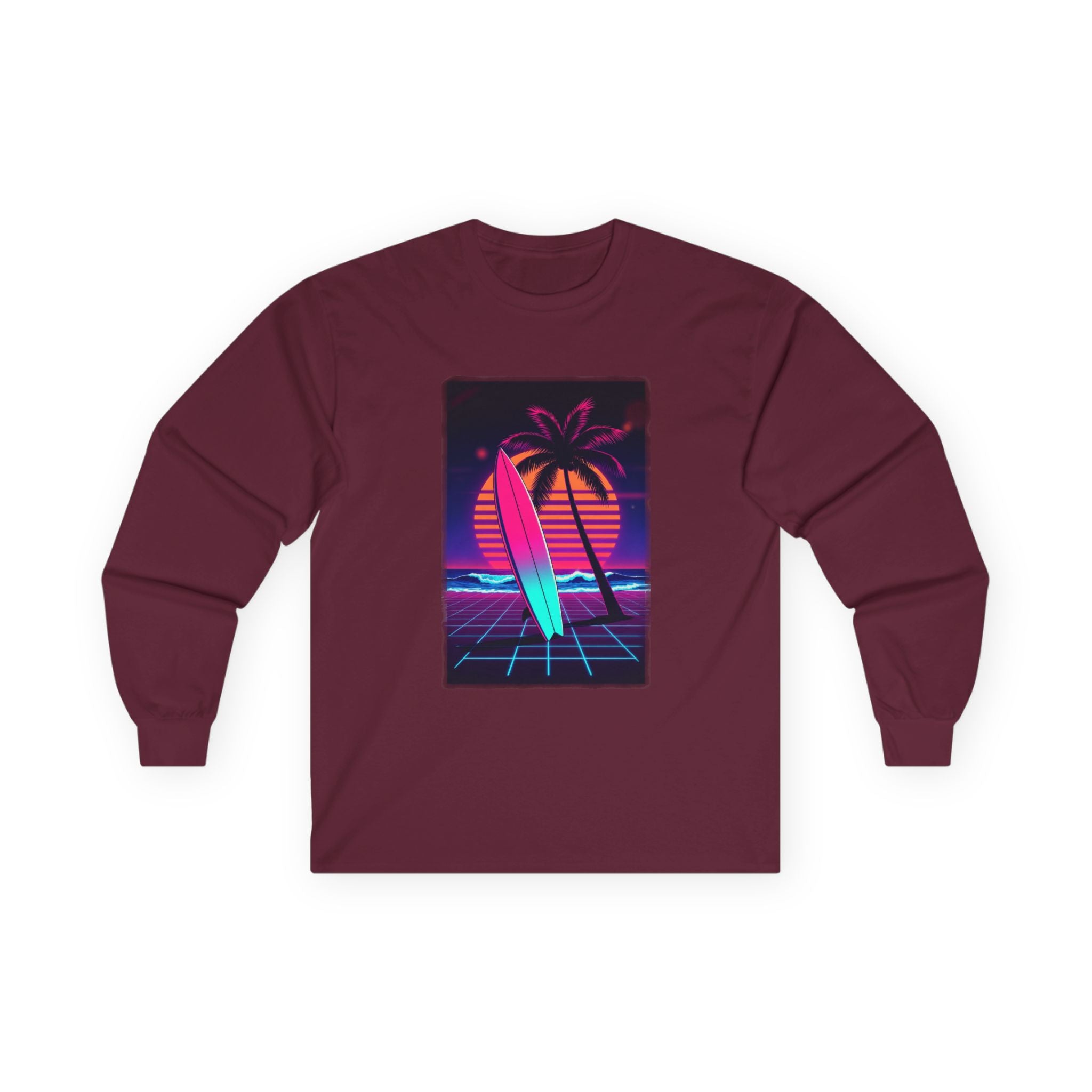 Retro Surf Long Sleeve Tee – Neon Palm Sunset Surfboard Graphic
