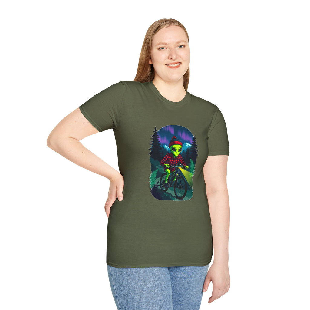 Alien Mountain Biker T-Shirt — Neon Night Forest Cycling Graphic Tee