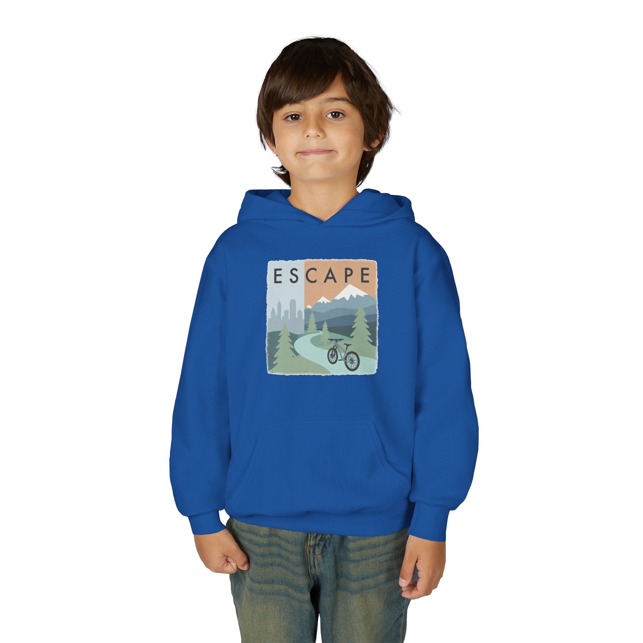 Escape to the Mountains Kids Hoodie — Mountain Retreat Graphic Sweatshirt