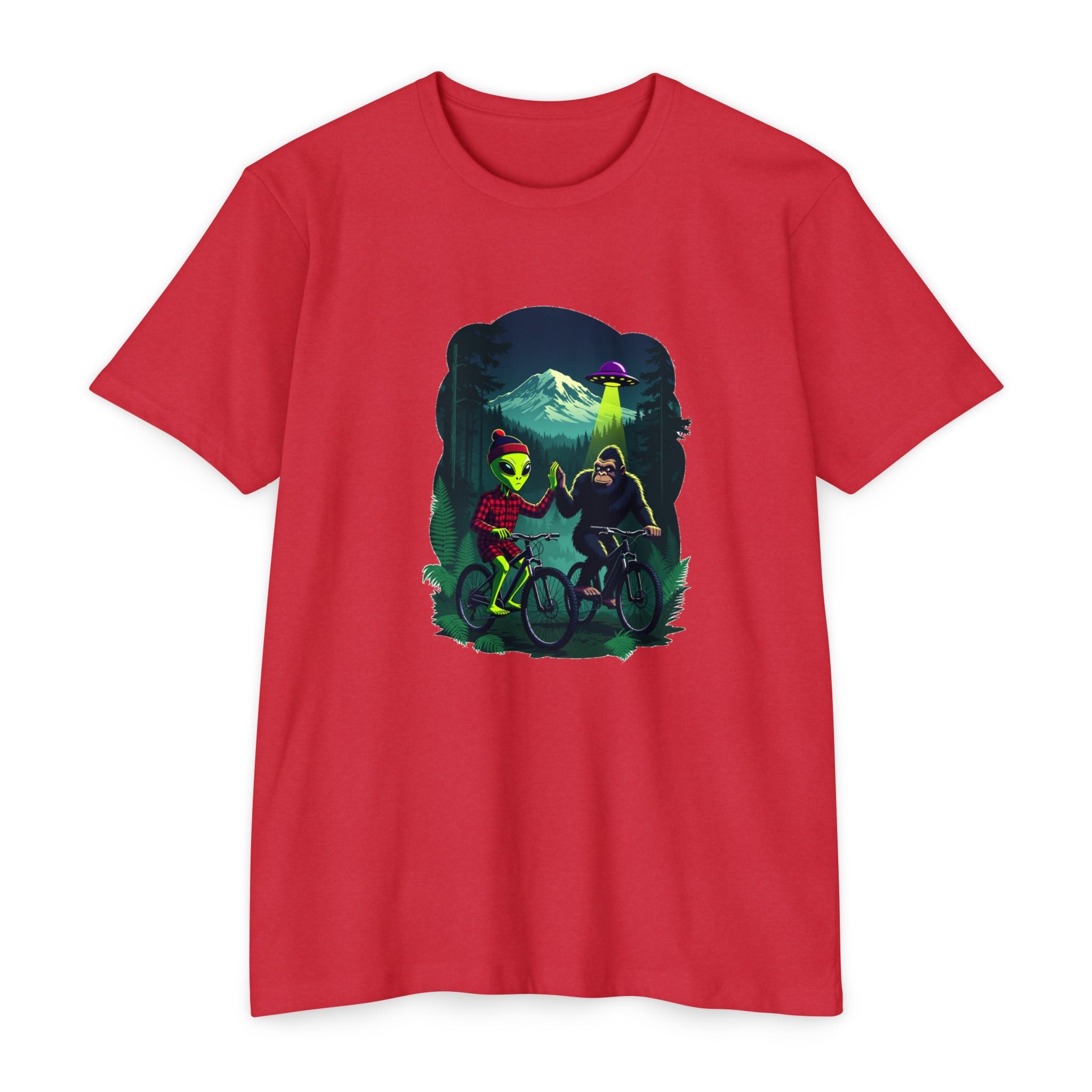 Alien & Sasquatch Night Ride T-Shirt — Retro UFO Biking Graphic Tee