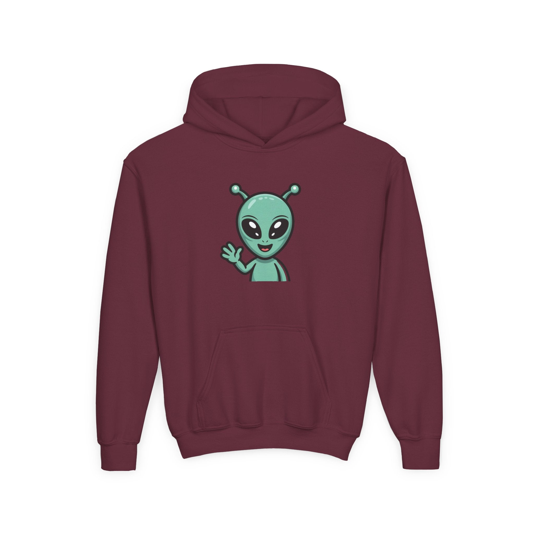 Youth Alien Hoodie – Cute Waving Green Alien Kids Sweatshirt