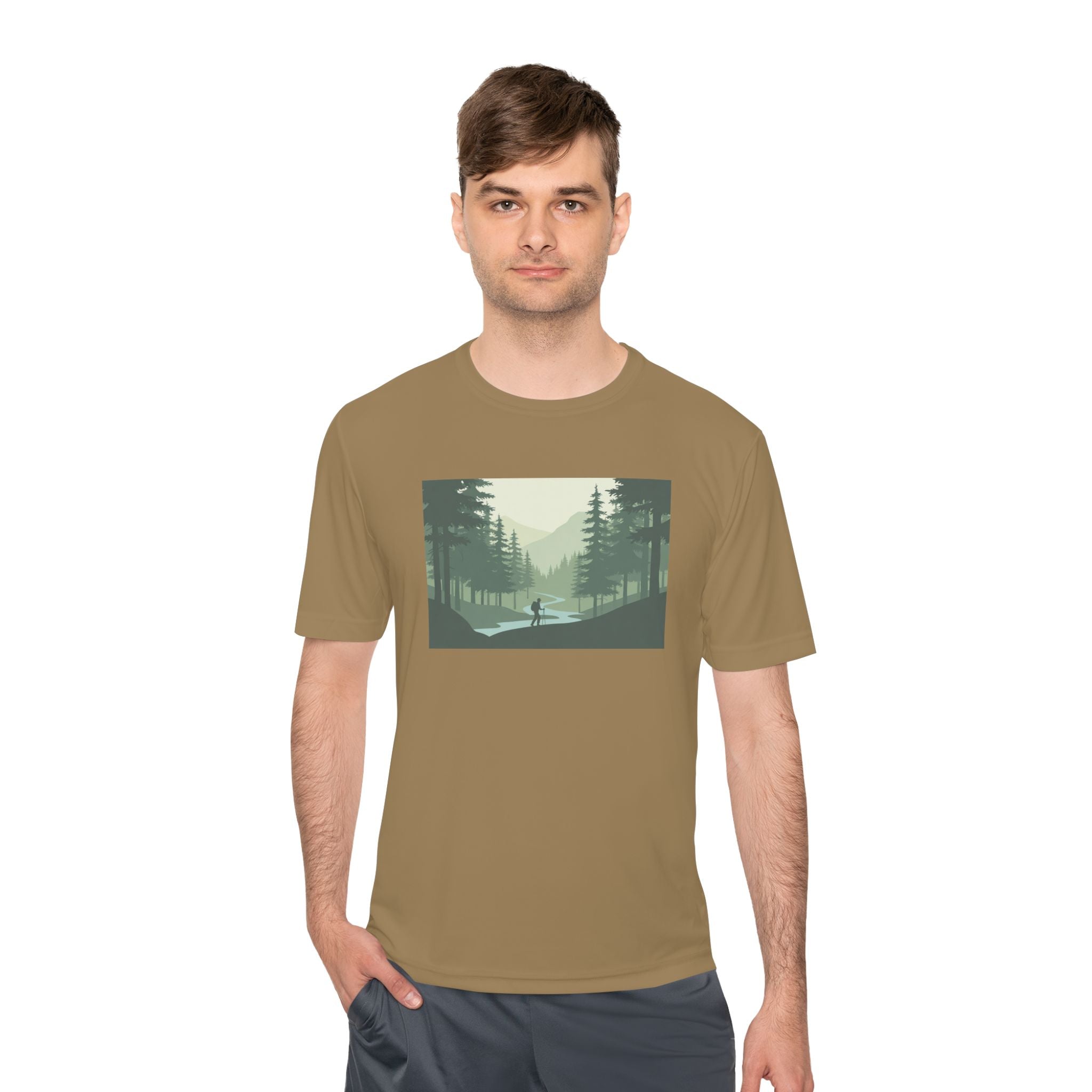 Forest Lake Camping Tee — Minimal Mountain Landscape T-Shirt for Outdoor Lovers