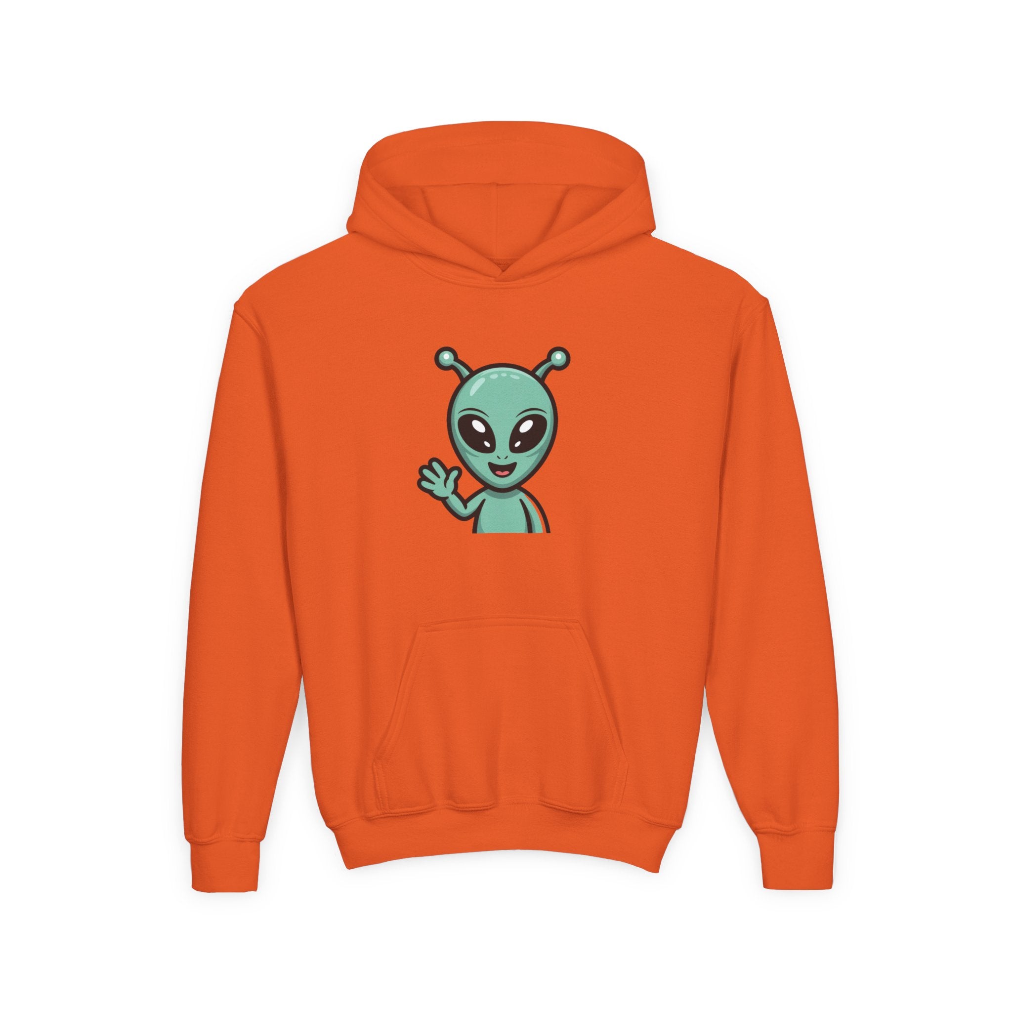 Youth Alien Hoodie – Cute Waving Green Alien Kids Sweatshirt