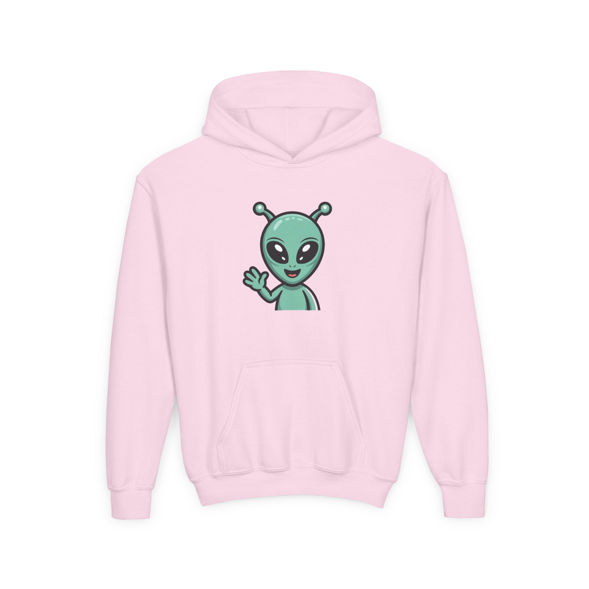 Youth Alien Hoodie – Cute Waving Green Alien Kids Sweatshirt