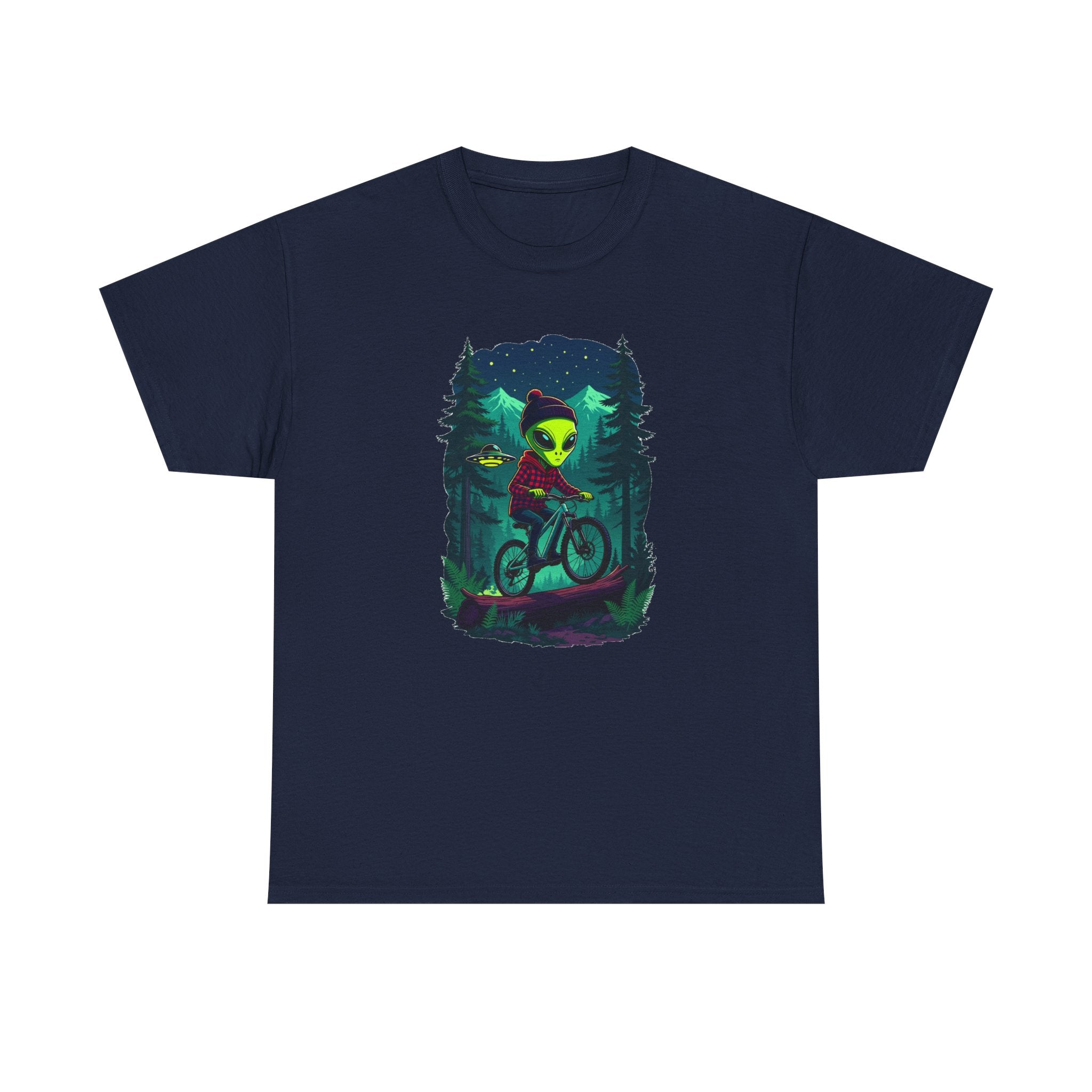 Alien Mountain Biking T-Shirt — Neon Forest Cyclist Graphic Tee