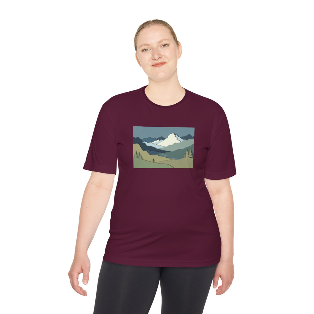 Mountain Landscape Performance Tee — Scenic Outdoor Graphic Shirt