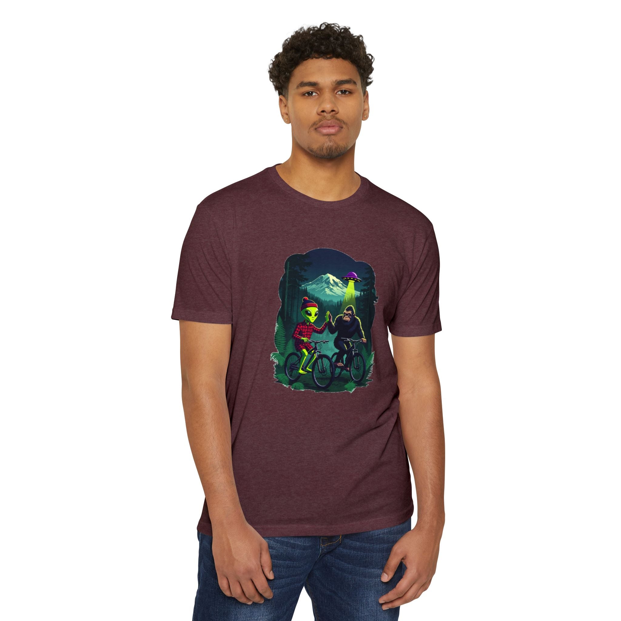 Alien & Sasquatch Night Ride T-Shirt — Retro UFO Biking Graphic Tee