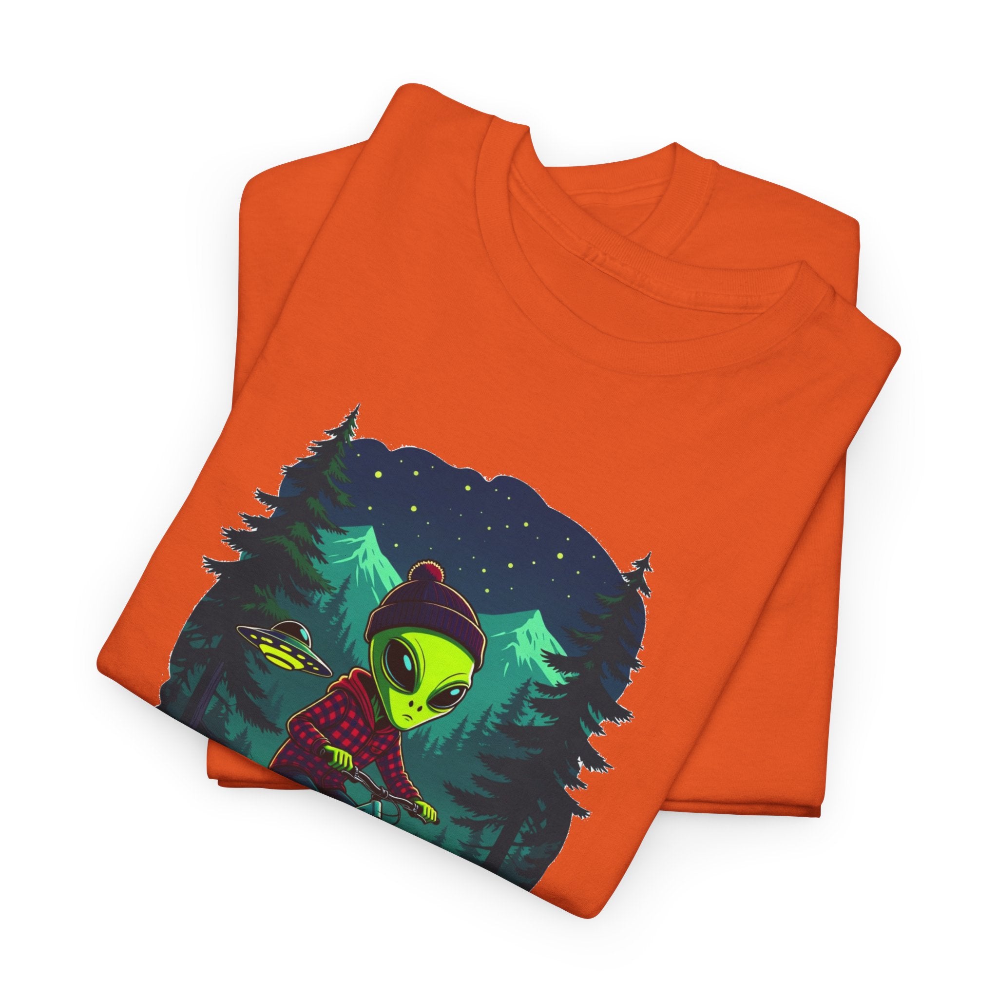 Alien Mountain Biking T-Shirt — Neon Forest Cyclist Graphic Tee
