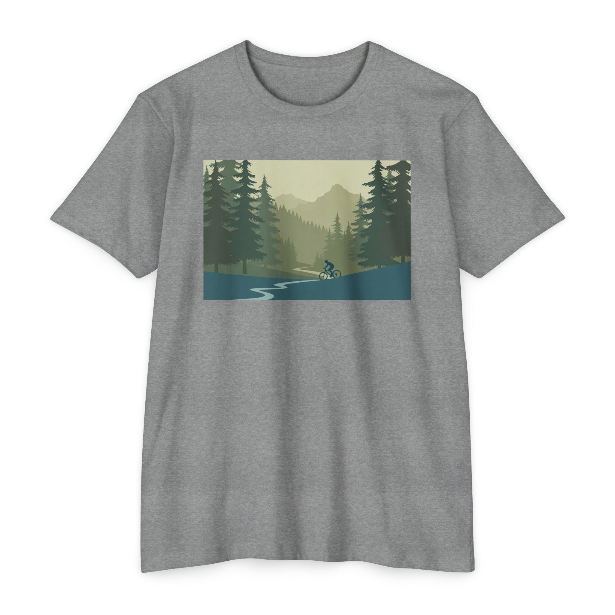 Mountain Biking Graphic T-Shirt — Scenic Forest Trail Design