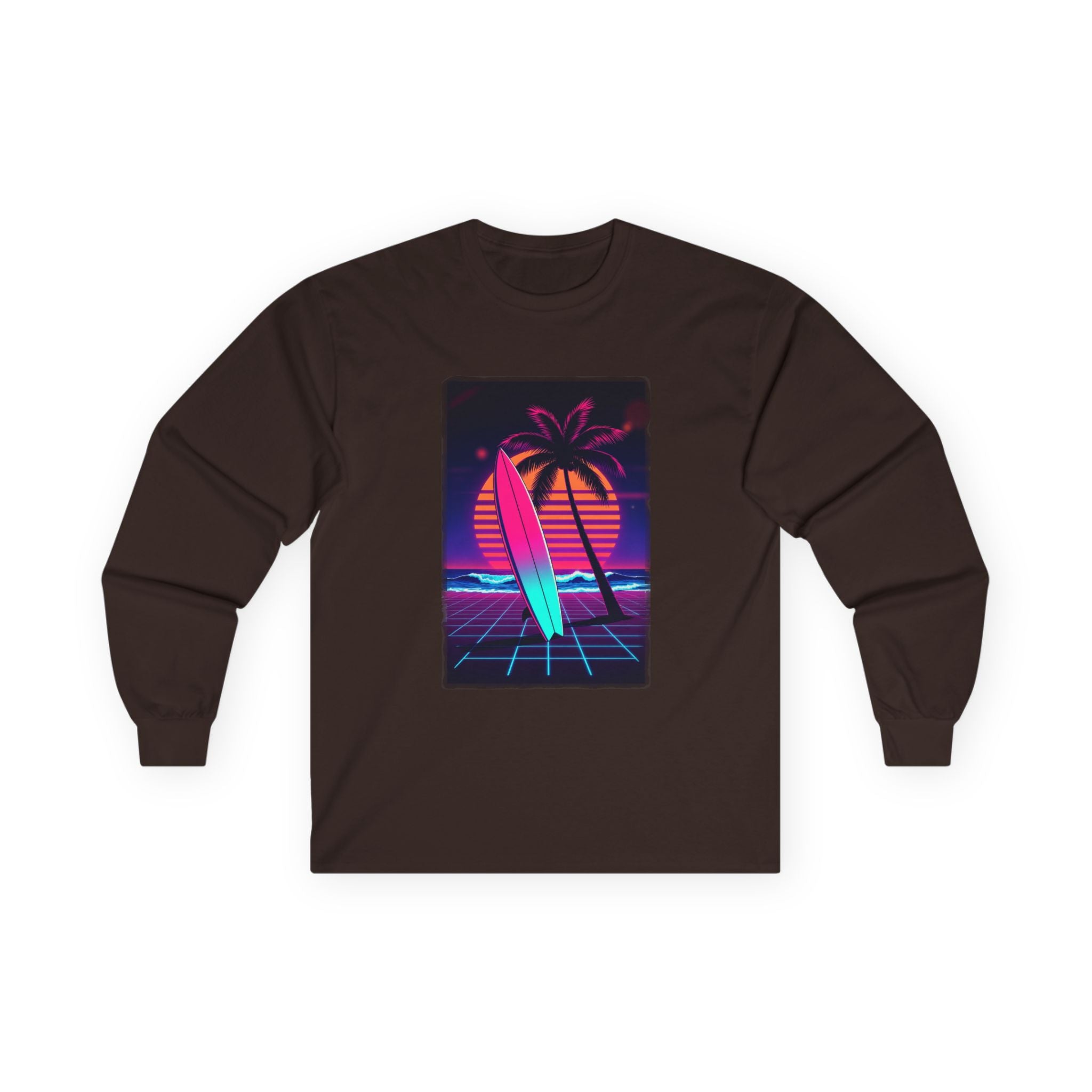 Retro Surf Long Sleeve Tee – Neon Palm Sunset Surfboard Graphic