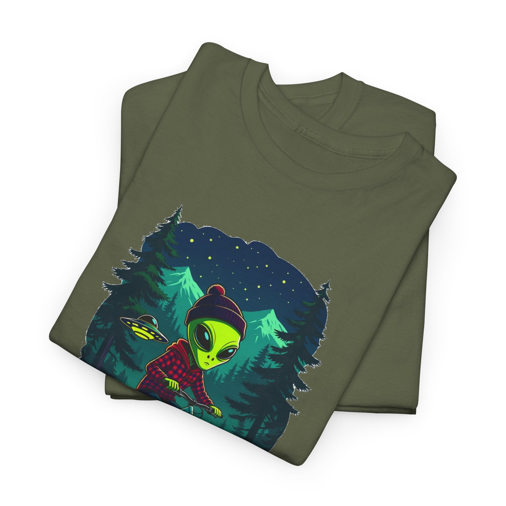 Alien Mountain Biking T-Shirt — Neon Forest Cyclist Graphic Tee