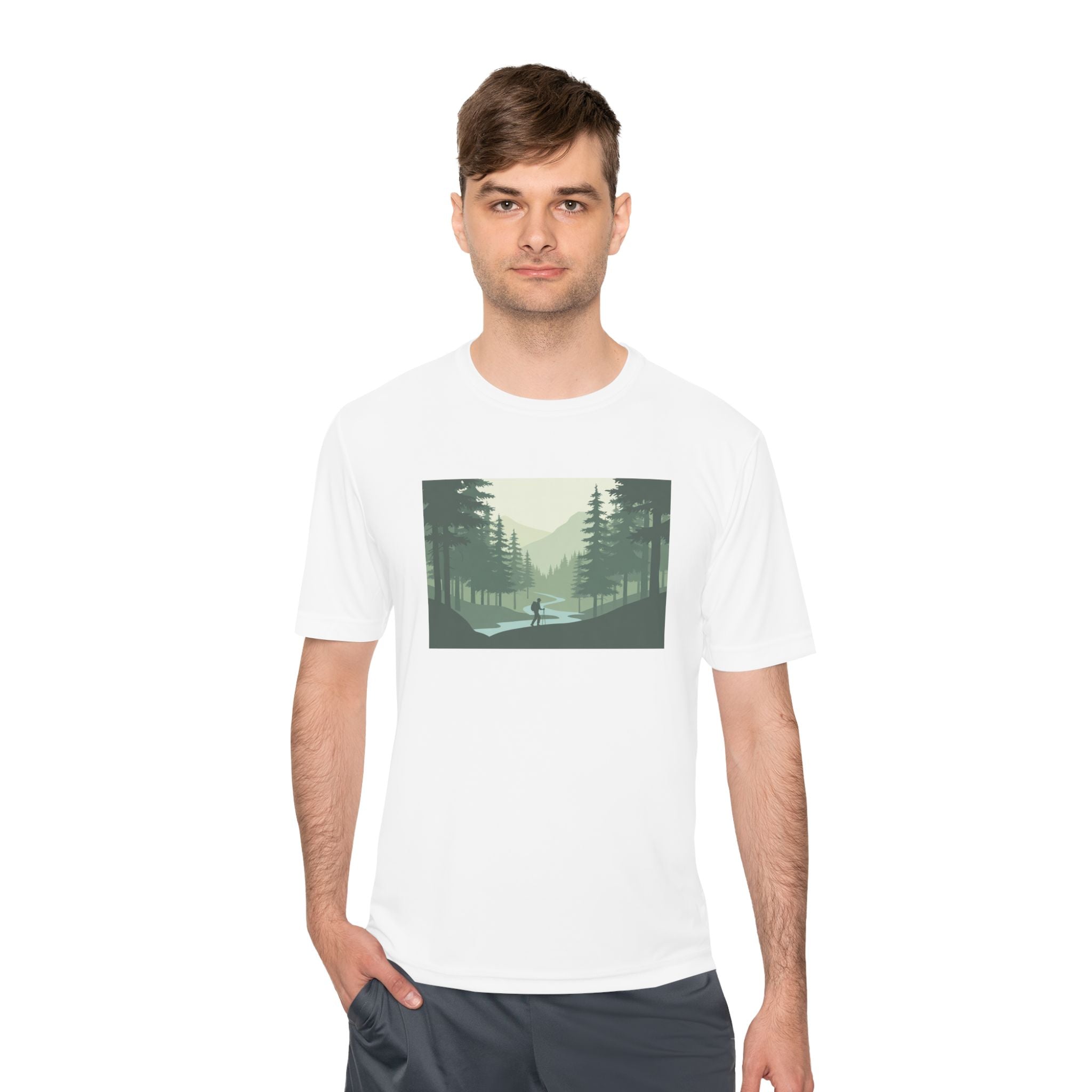 Forest Lake Camping Tee — Minimal Mountain Landscape T-Shirt for Outdoor Lovers