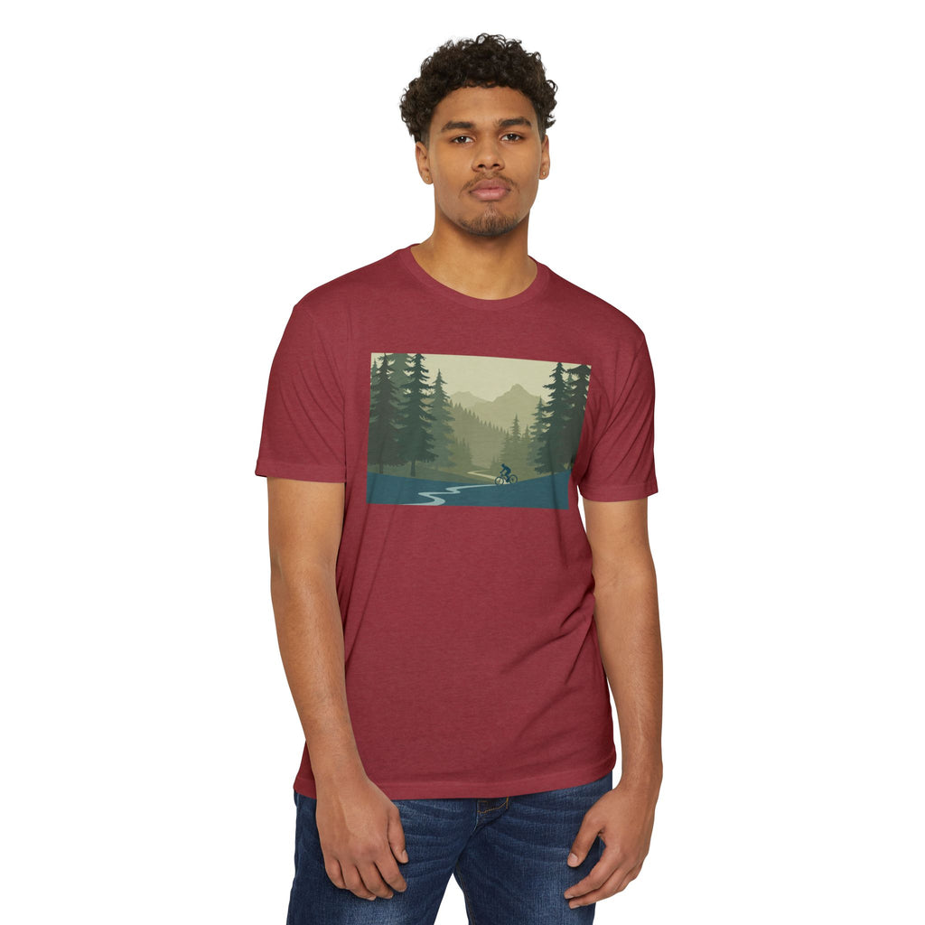 Mountain Biking Graphic T-Shirt — Scenic Forest Trail Design