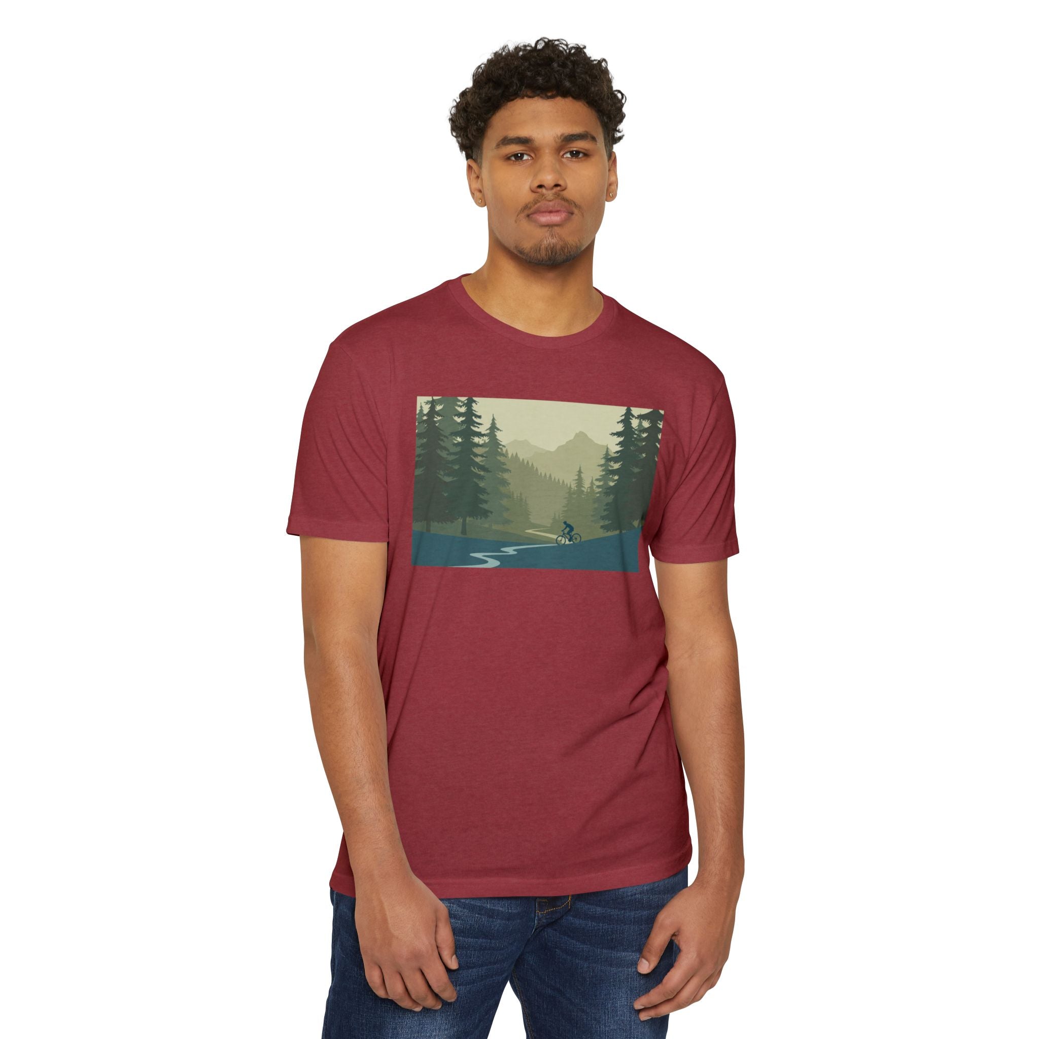Mountain Biking Graphic T-Shirt — Scenic Forest Trail Design