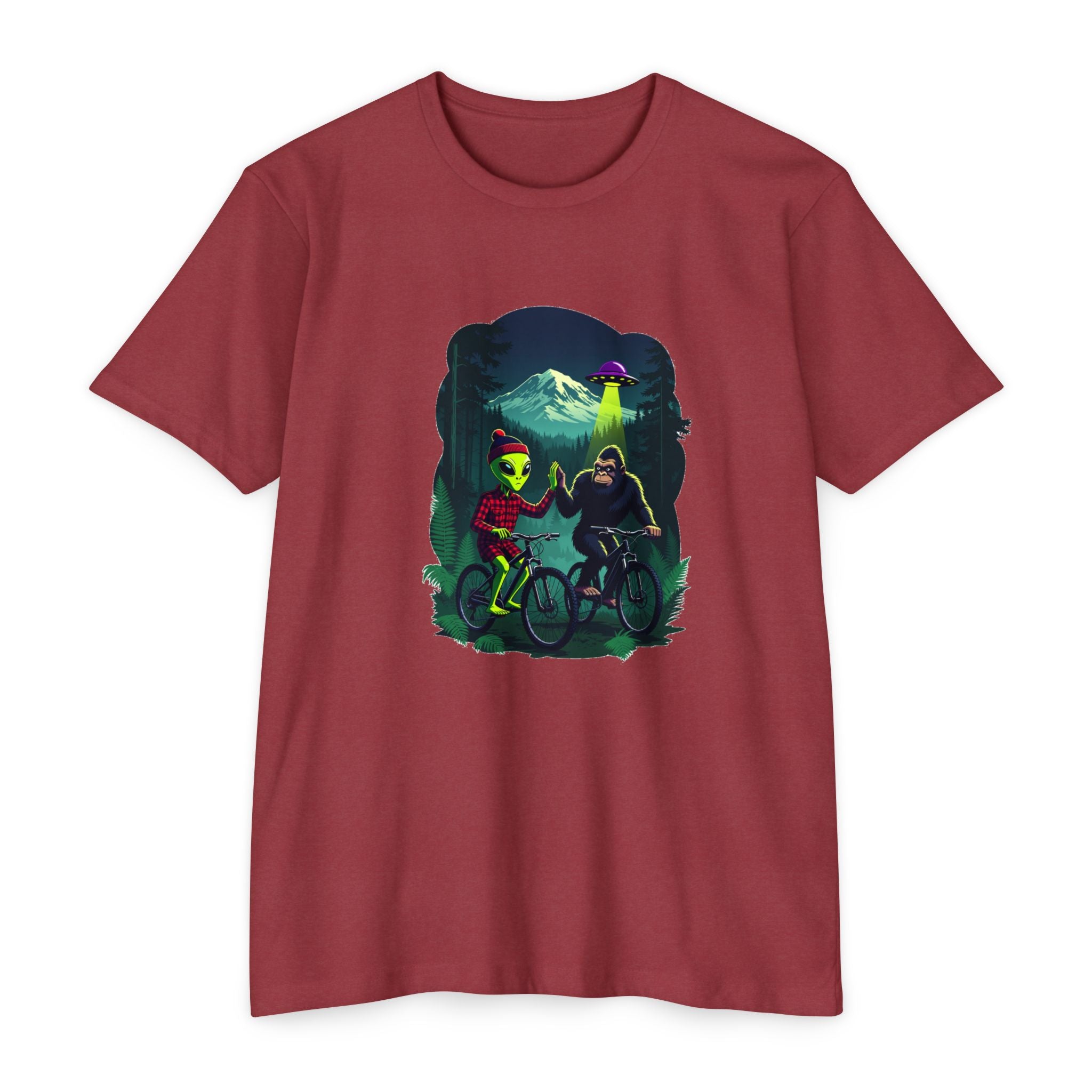 Alien & Sasquatch Night Ride T-Shirt — Retro UFO Biking Graphic Tee