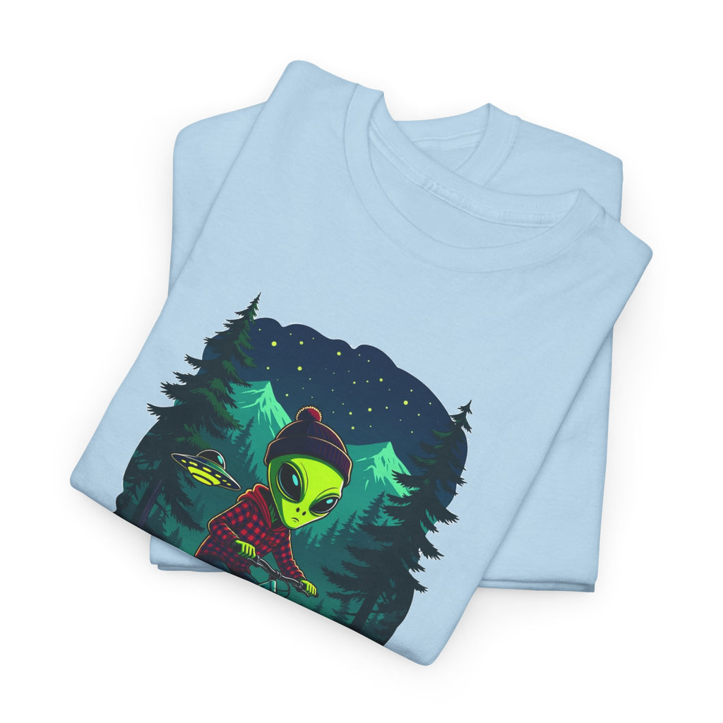 Alien Mountain Biking T-Shirt — Neon Forest Cyclist Graphic Tee