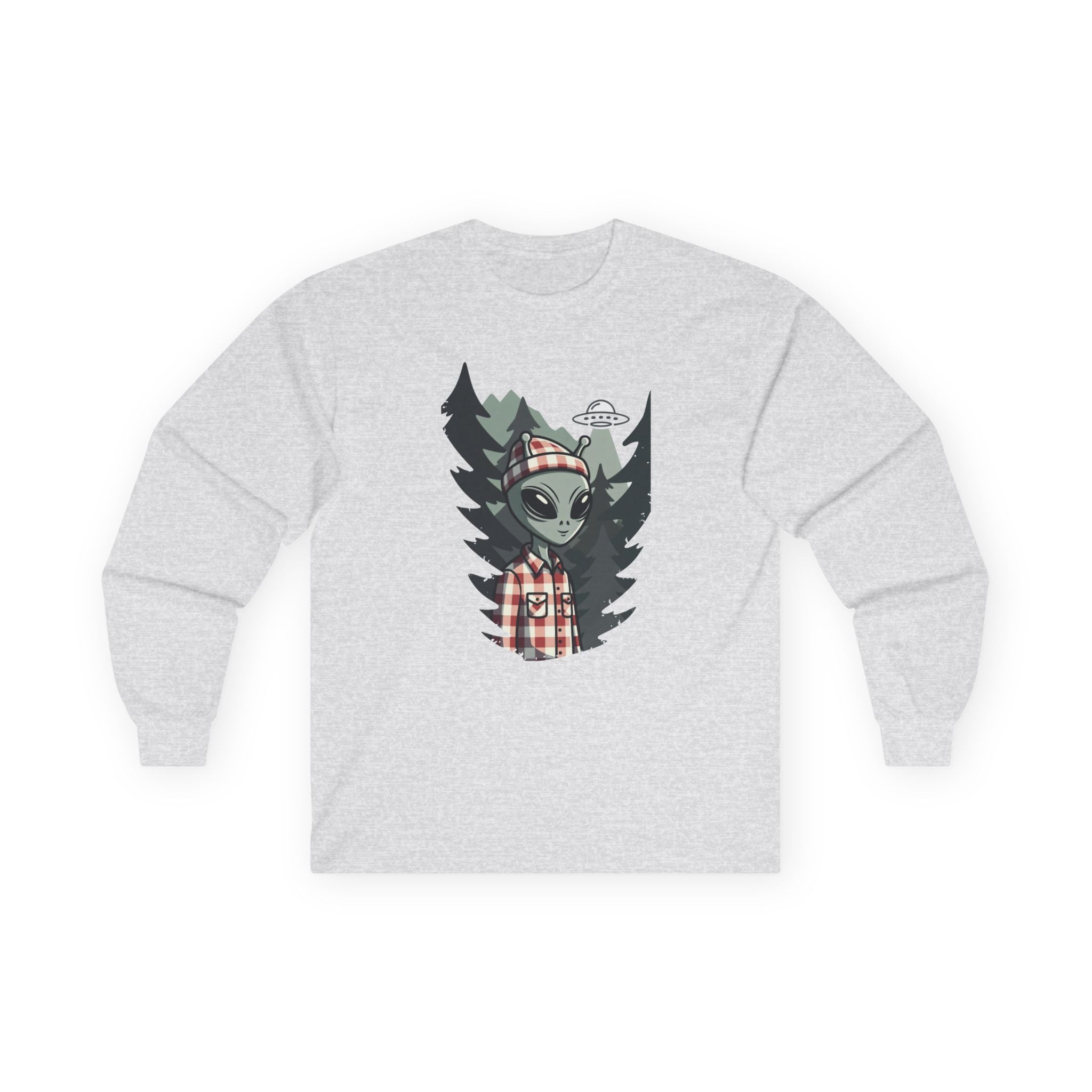 Alien Lumberjack Long Sleeve Tee — Forest UFO Graphic