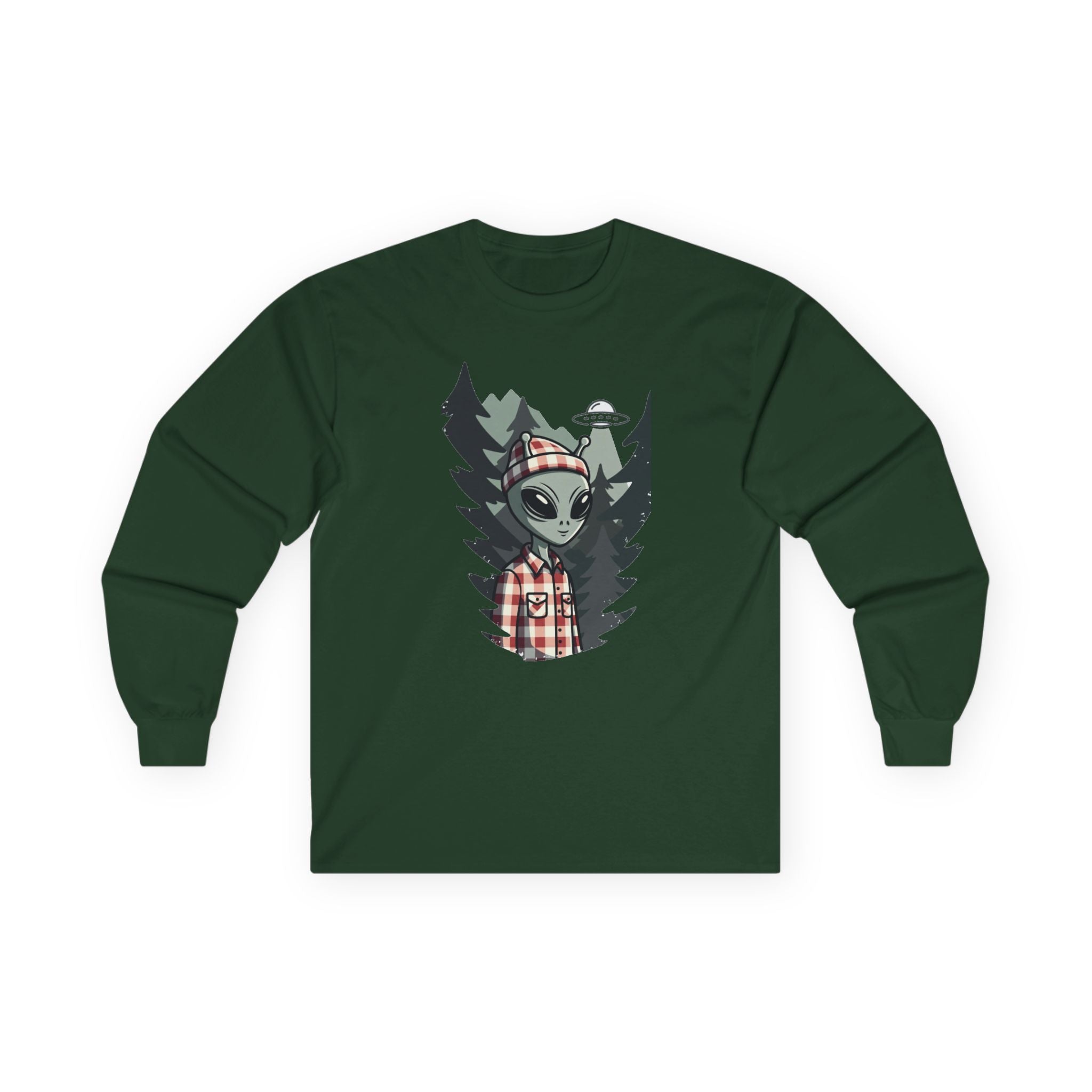 Alien Lumberjack Long Sleeve Tee — Forest UFO Graphic