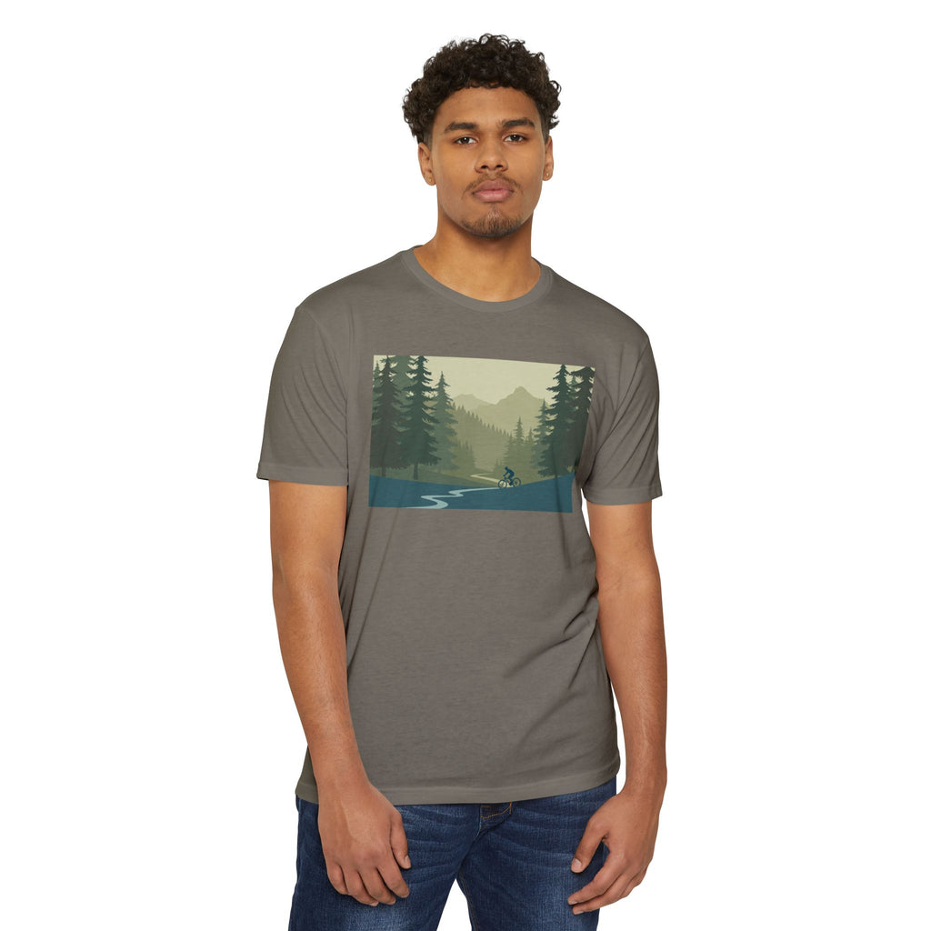 Mountain Biking Graphic T-Shirt — Scenic Forest Trail Design