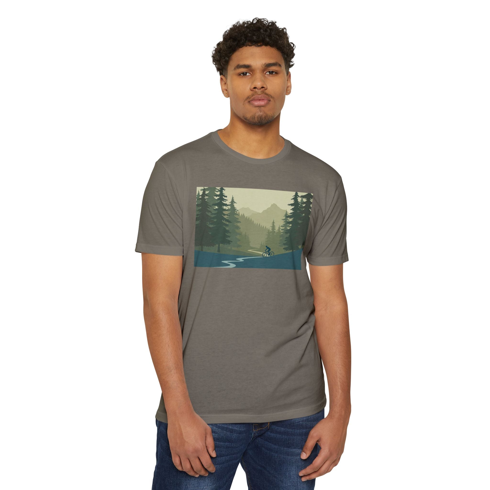 Mountain Biking Graphic T-Shirt — Scenic Forest Trail Design