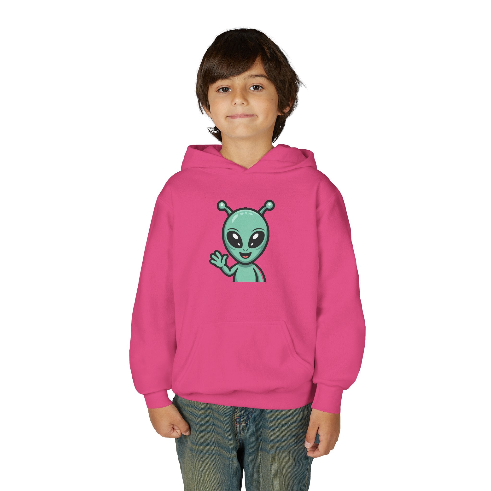 Youth Alien Hoodie – Cute Waving Green Alien Kids Sweatshirt