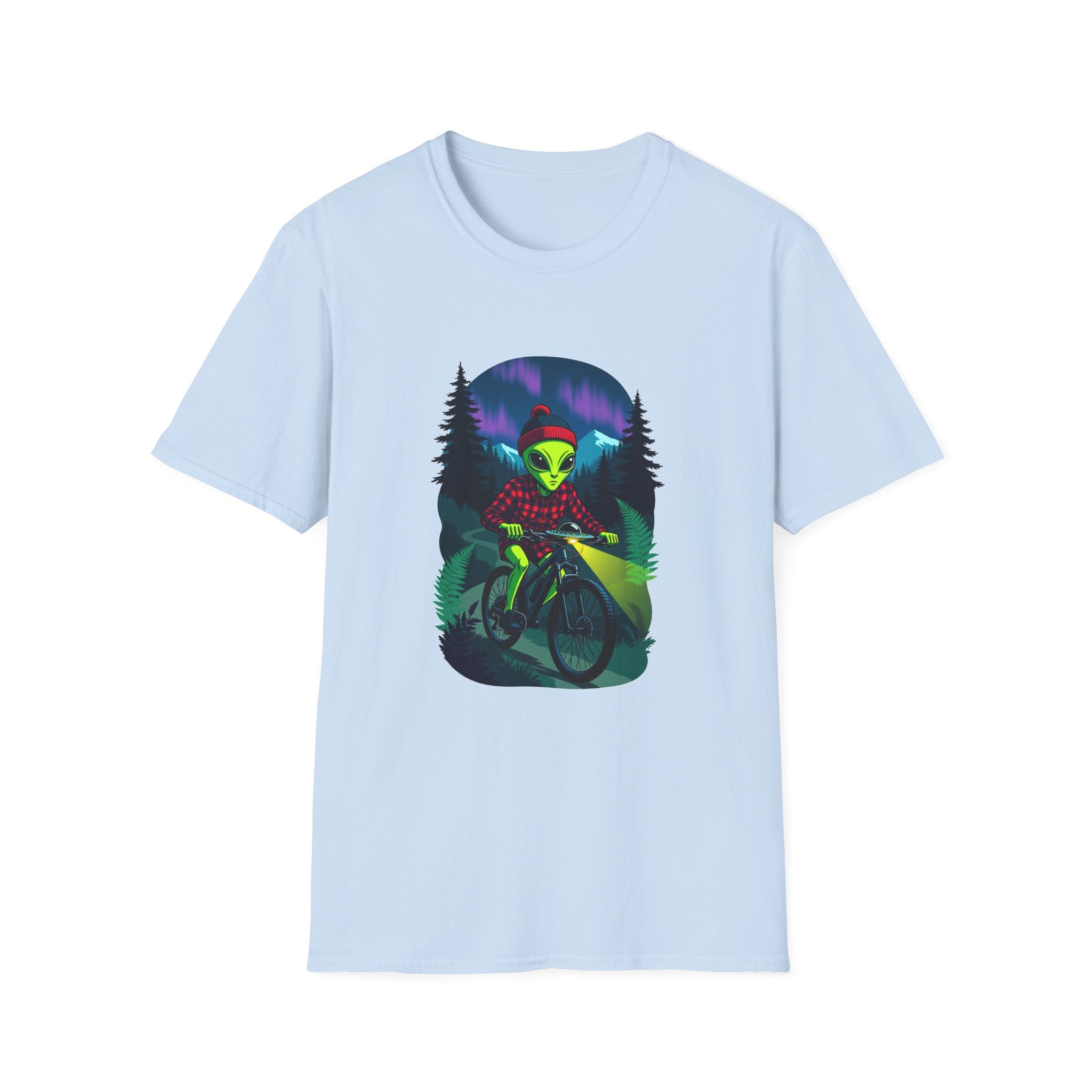 Alien Mountain Biker T-Shirt — Neon Night Forest Cycling Graphic Tee