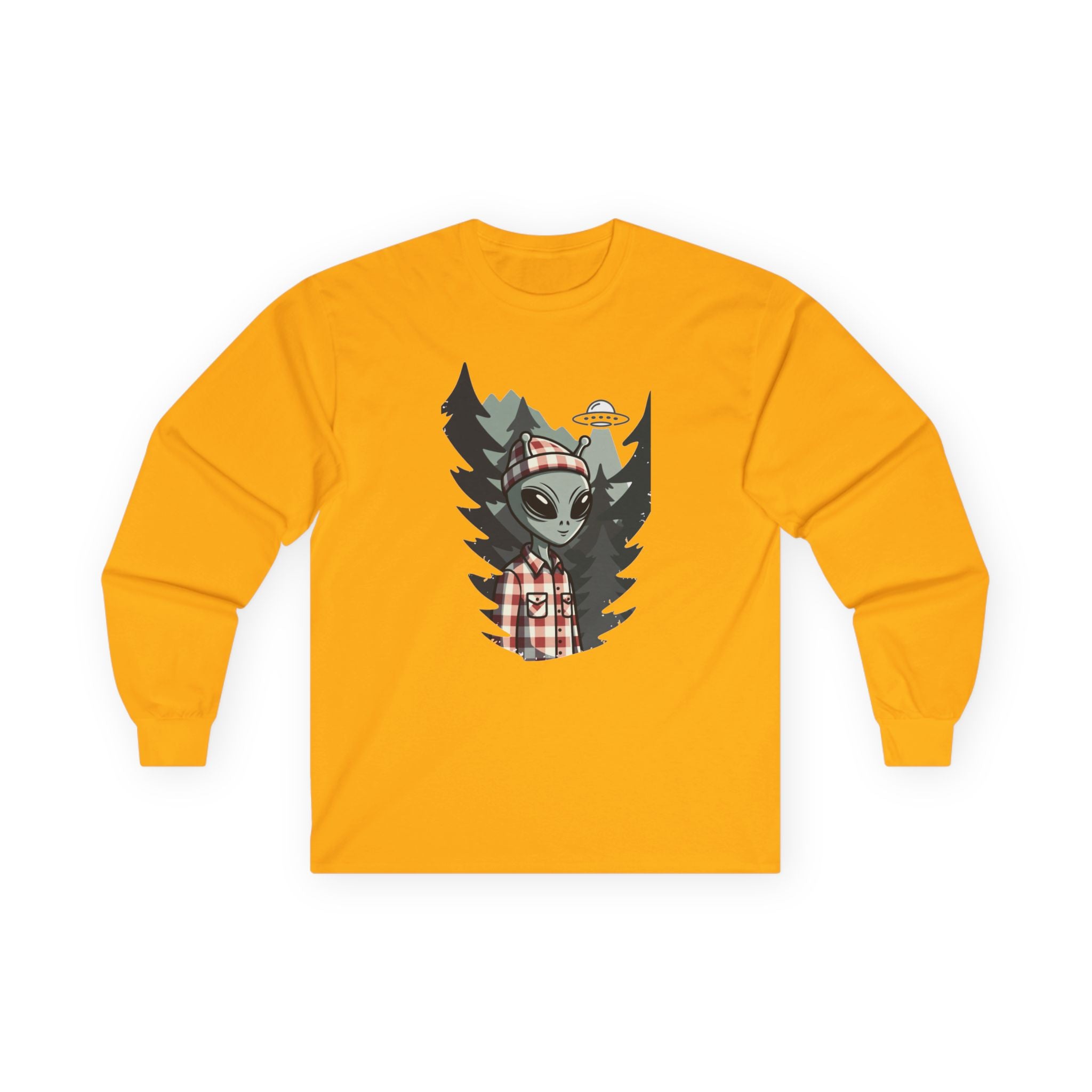 Alien Lumberjack Long Sleeve Tee — Forest UFO Graphic
