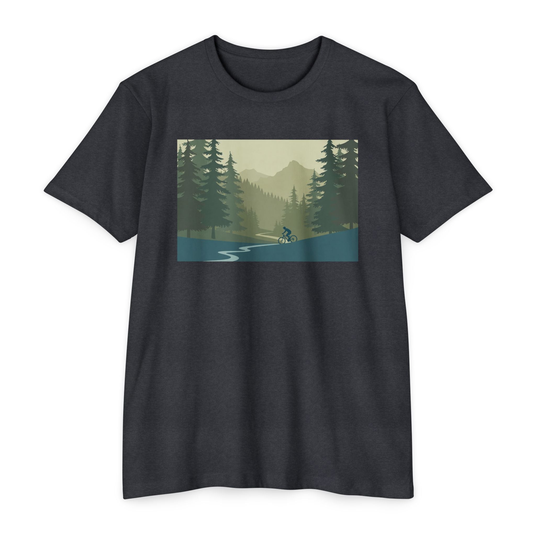Mountain Biking Graphic T-Shirt — Scenic Forest Trail Design