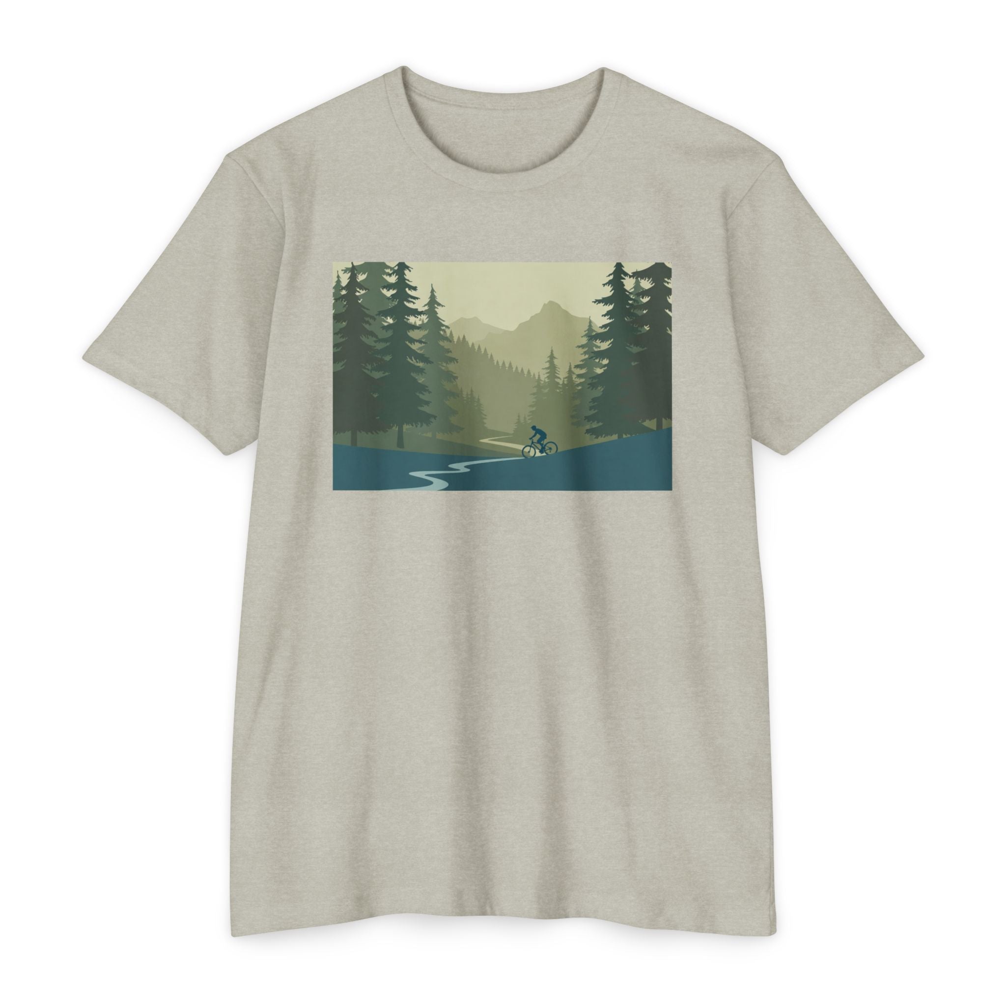 Mountain Biking Graphic T-Shirt — Scenic Forest Trail Design