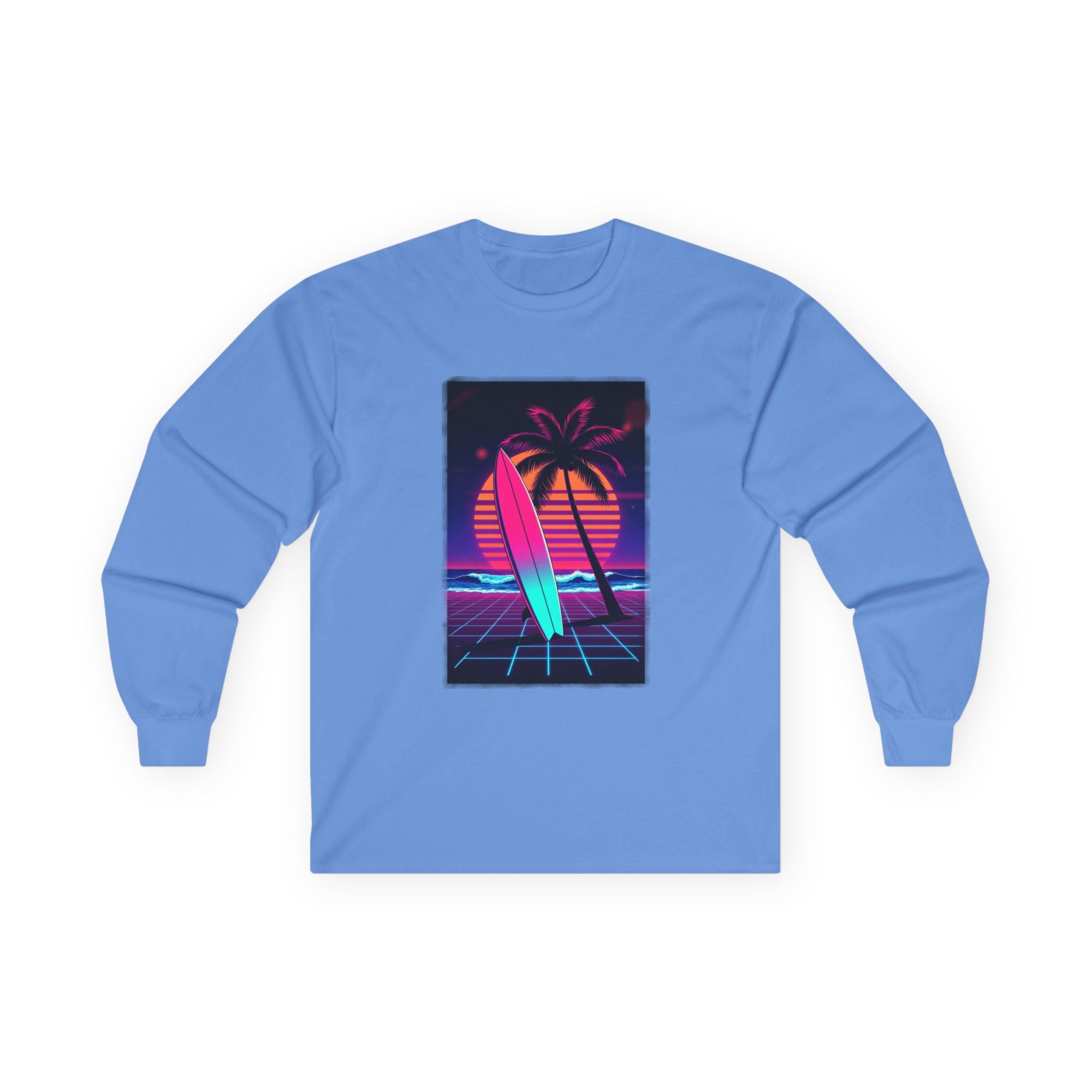 Retro Surf Long Sleeve Tee – Neon Palm Sunset Surfboard Graphic